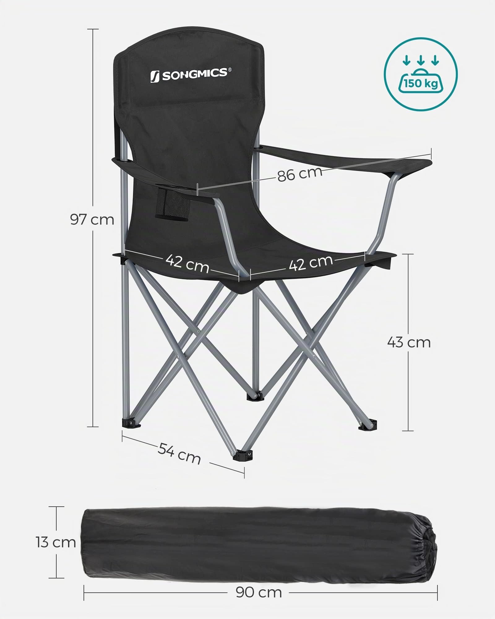 SONGMICS Set di 2 sedie pieghevoli da campeggio, comode e resistenti, portata massima 150 kg, con portabevande, sedia da esterno