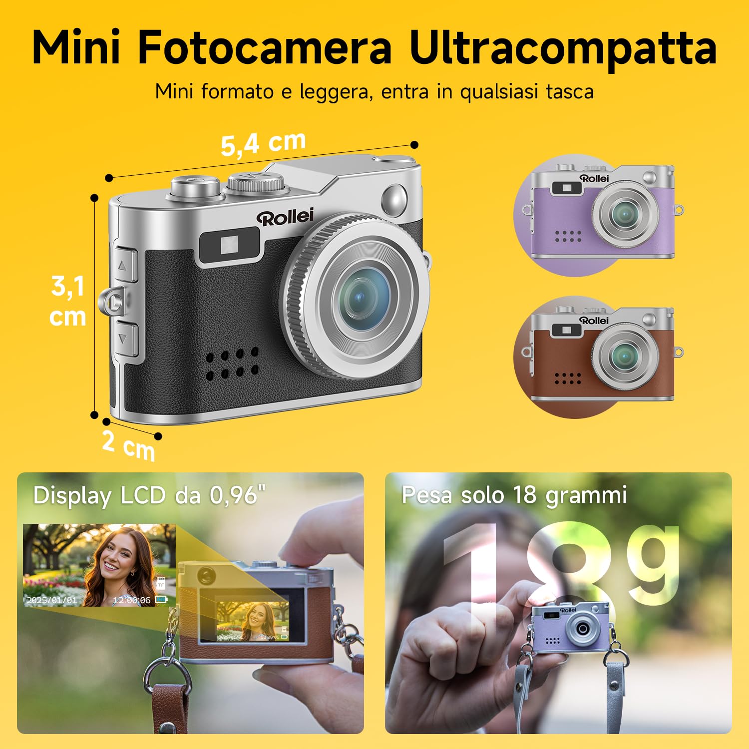 Rollei Mini Fotocamera Digitale Marrone, 1080P HD Piccola Macchina Fotografica Digitale Retrò con 0,96" Schermo a Colori 2MP Cámara Digital Compatta con Flash e Registrazione, Mini-Fotocamera-Digitale