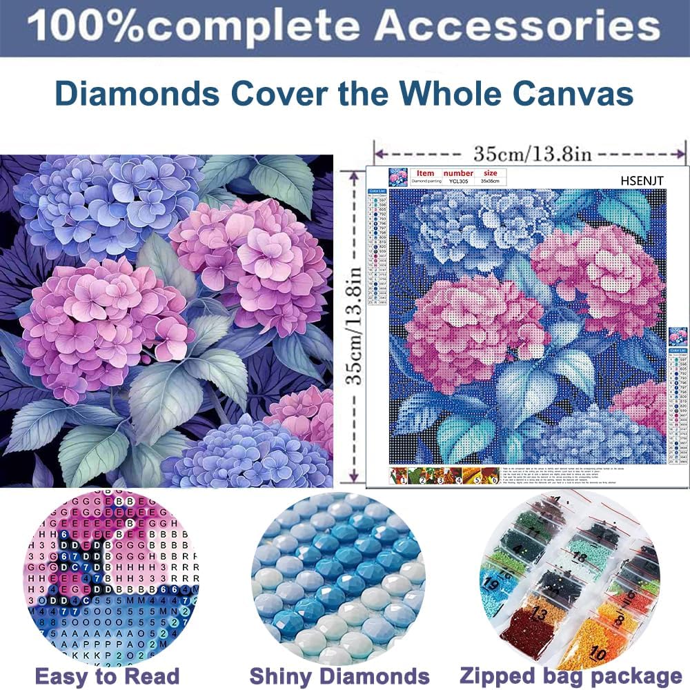 HSENJT Hydrangea Diamond Painting Kits for Adults,Flowers DIY 5D Diamond Art Kits,Diamond Art Painting for Home Wall Decor (35x35cm)