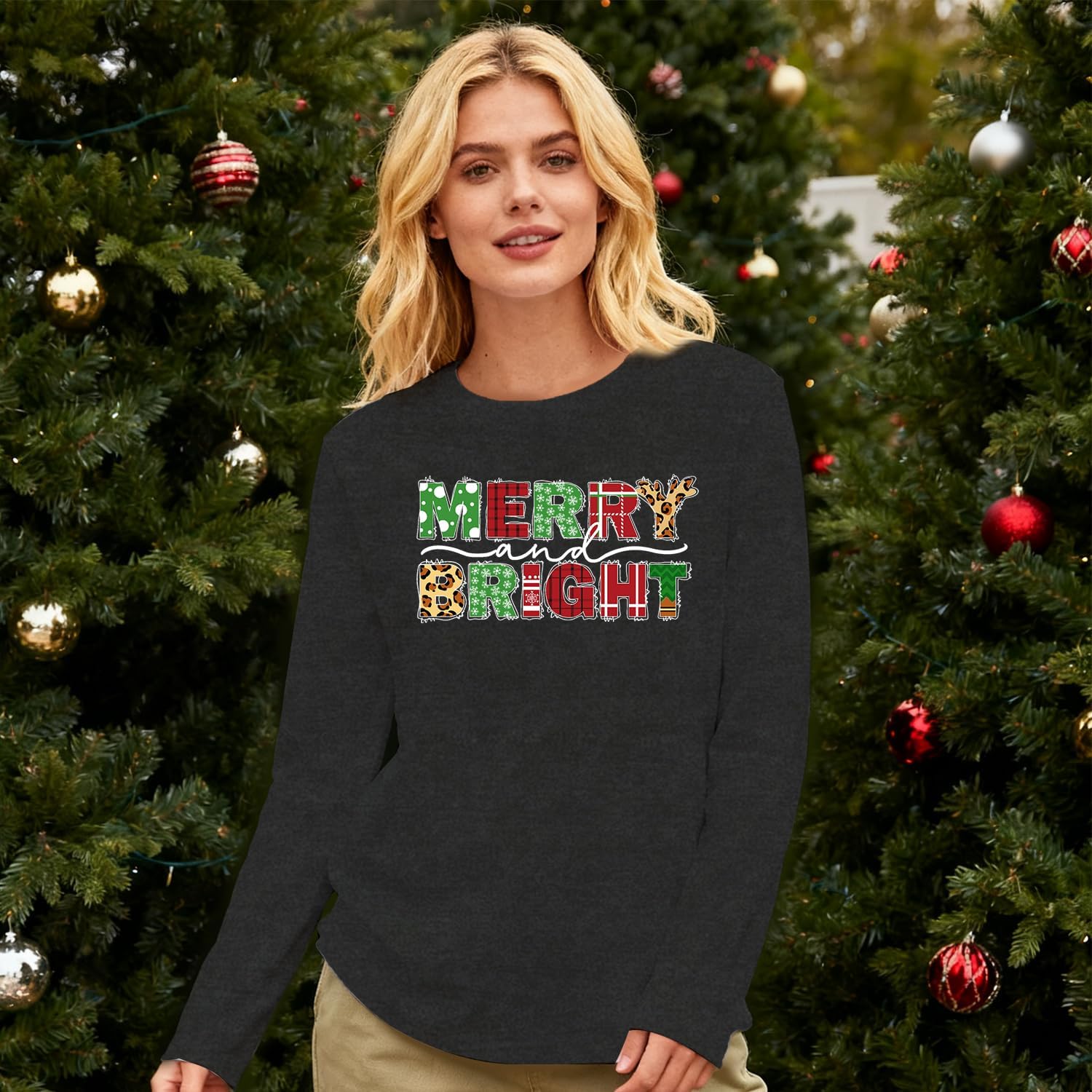 Womens Merry and Bright Shirt Long Sleeve Merry Christmas Gnome T-Shirt Xmas Holiday Tee Tops - Image 2