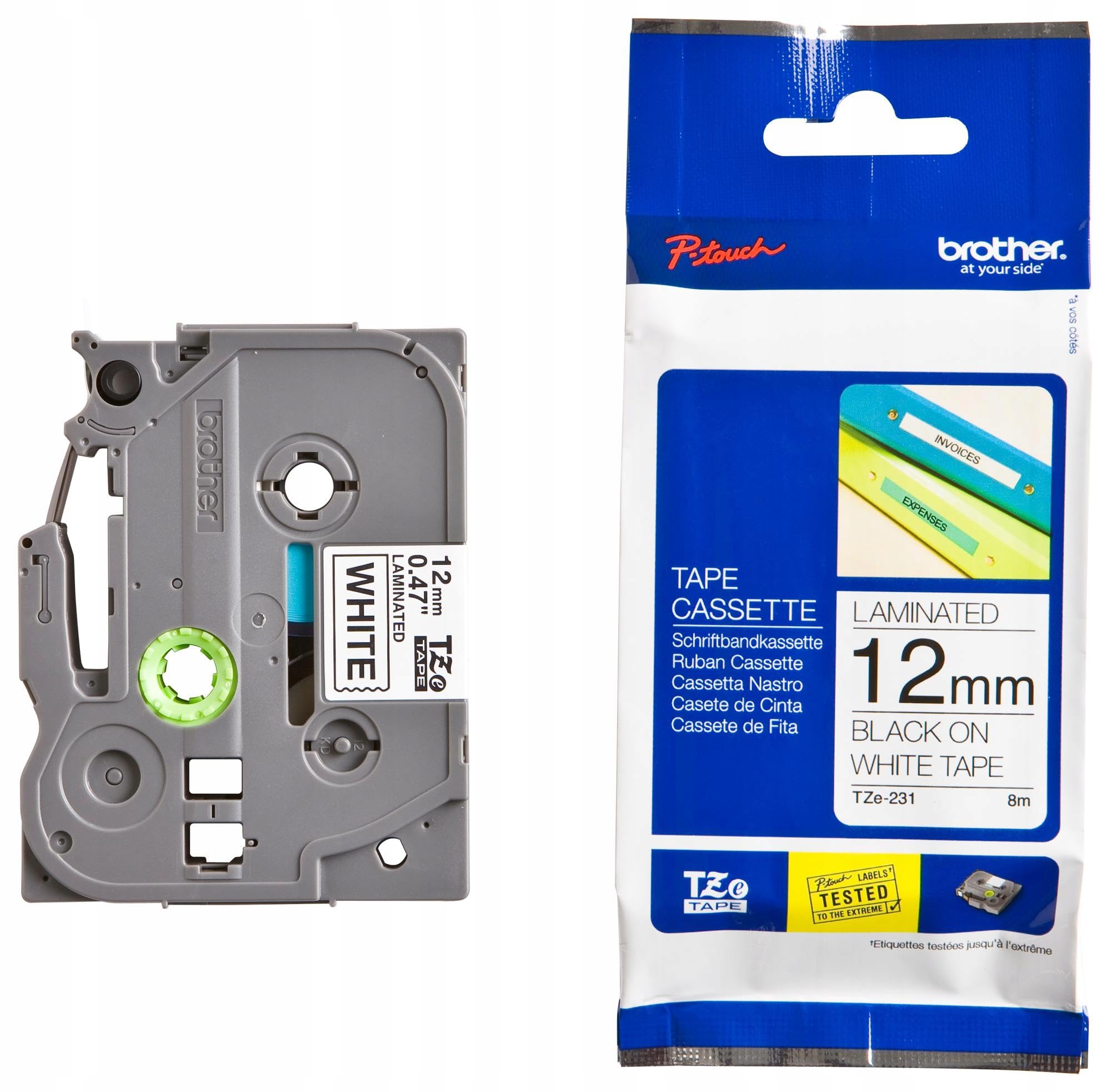 Brother TZE231 Nastro Laminato, 12 mm, Nero/Bianco