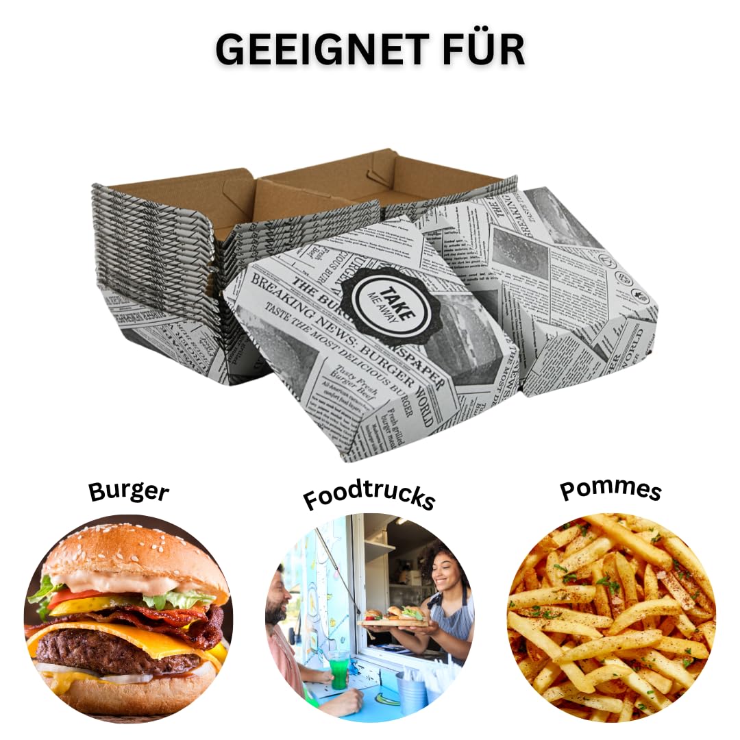 Enpack Burger-Box in Weiß aus Kraftpapier - 13,5 x 13,5 x 7,5cm Snackbox mit Klappdeckel - Beschichteter Einmalbehälter mit Druck für Burger, Snacks und Chips