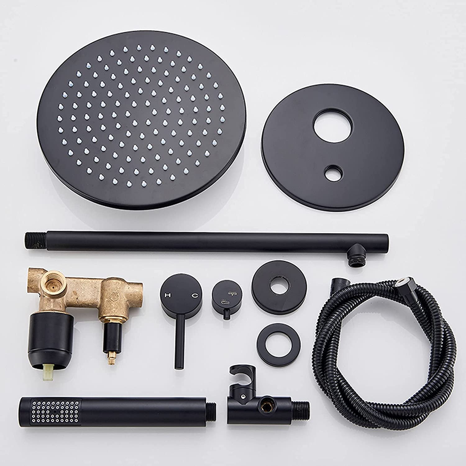 Sistema Doccia Rubinetto per Doccia a Parete Nero Set soffione Doccia a Pioggia Rotondo con soffione Doccia a Mano Set Miscelatore per Doccia da Bagno, Ottone Massiccio, 10"