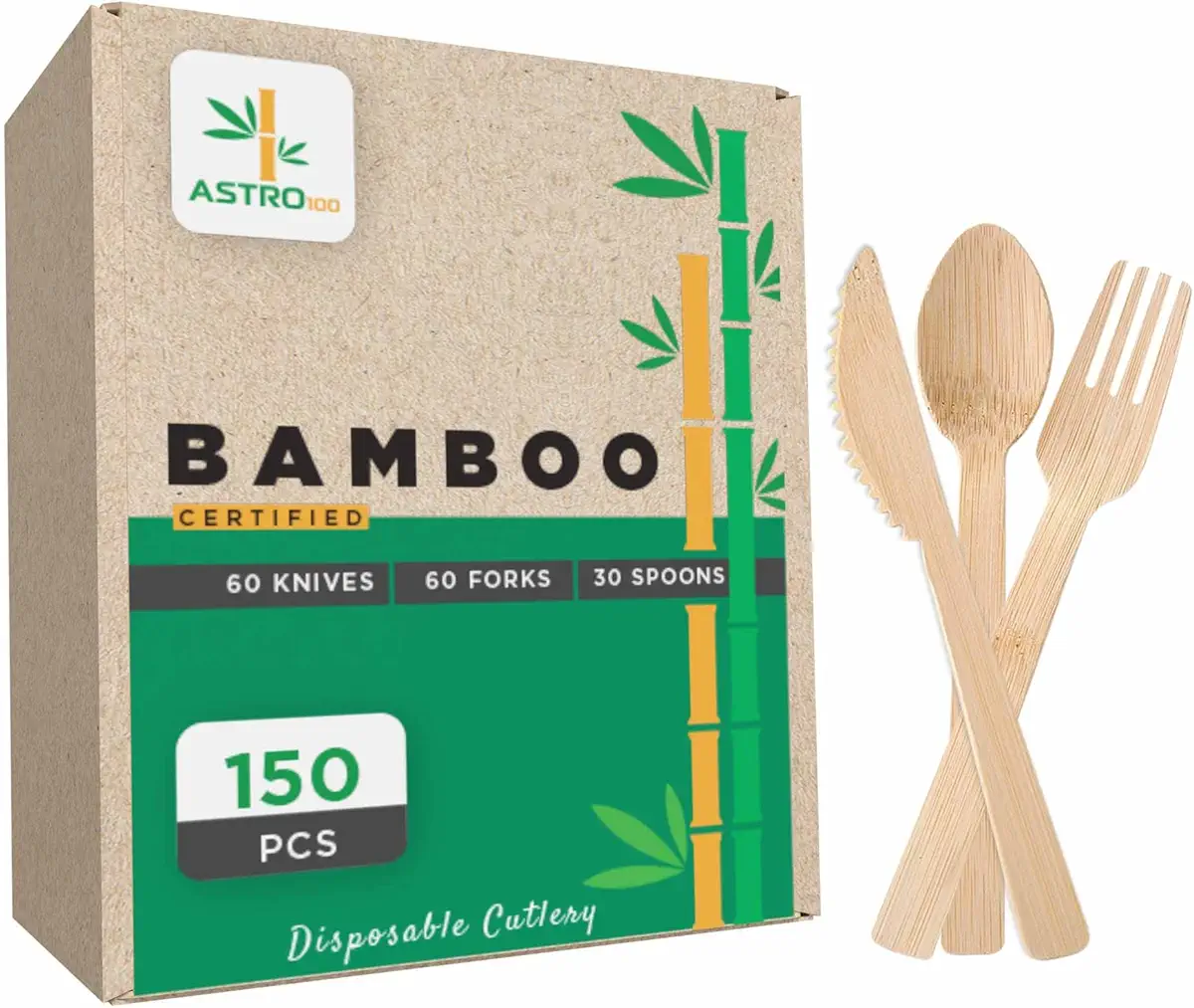 Bamboo Disposable Cutlery Set 150 Pcs [ 60 Forks 60 Knives 30 Spoons ] Organic Eco Friendly, Compostable Biodegradable Flatware Utensils for Party, Corporate Events, Picnic, Outdoor, wood tree free