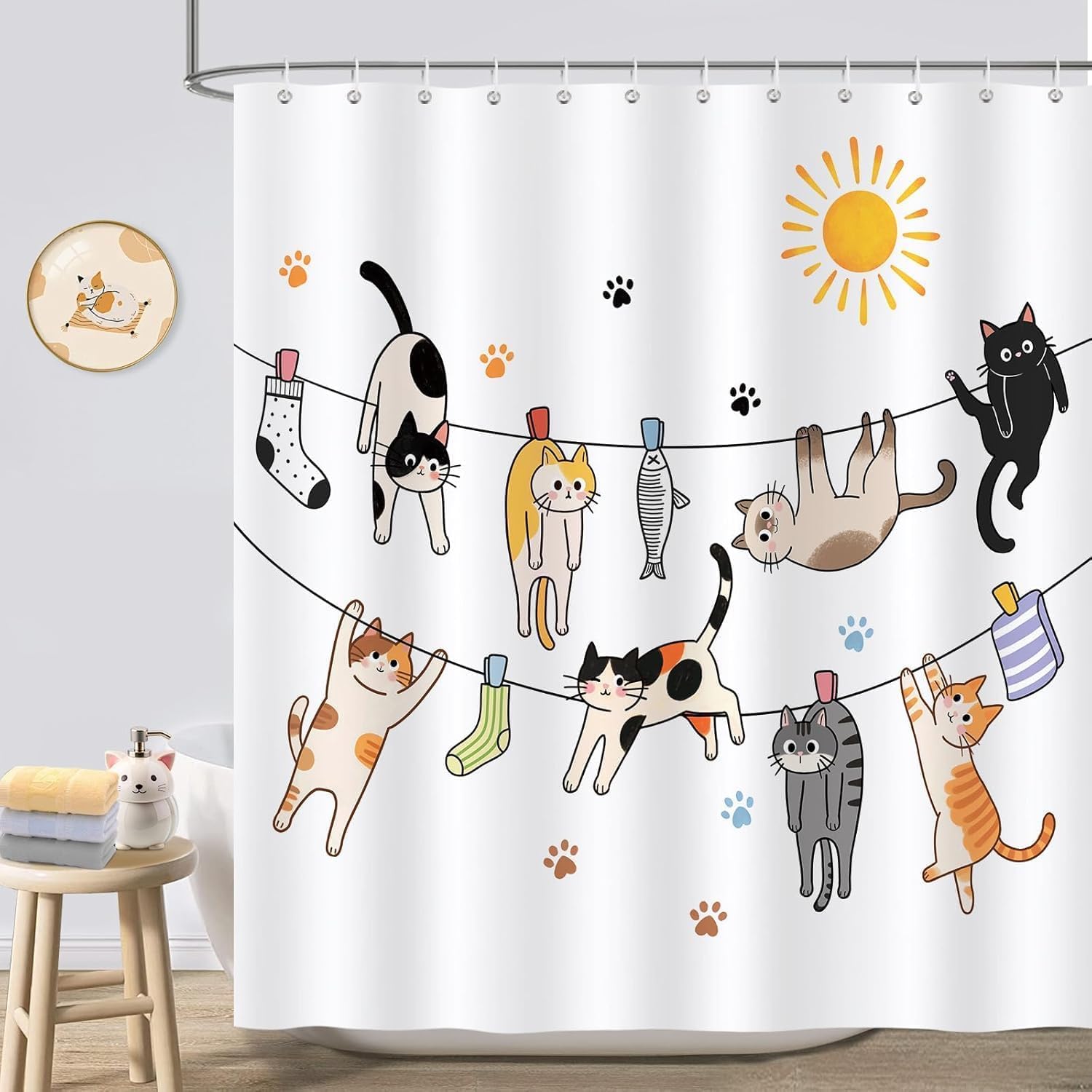 Esoes Funny Cat Shower Curtain Cute Cat Kids Shower Curtains for Bathroom Waterproof Mould Resistant Polyester Fabric with 12 Hooks 180x180cm (Blue)
