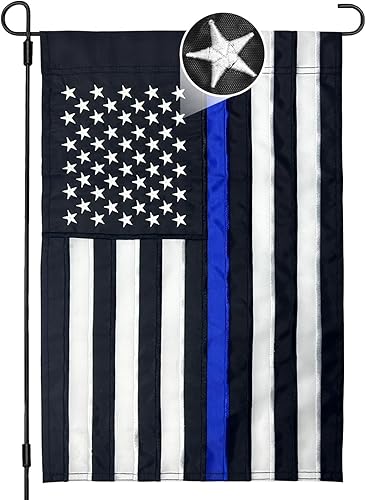 AMZFLAG Bandera de jardín de línea azul fina de 12 x 18 pulgadas, banderas bordadas de jardín de policía para exteriores, bandera americana pequeña