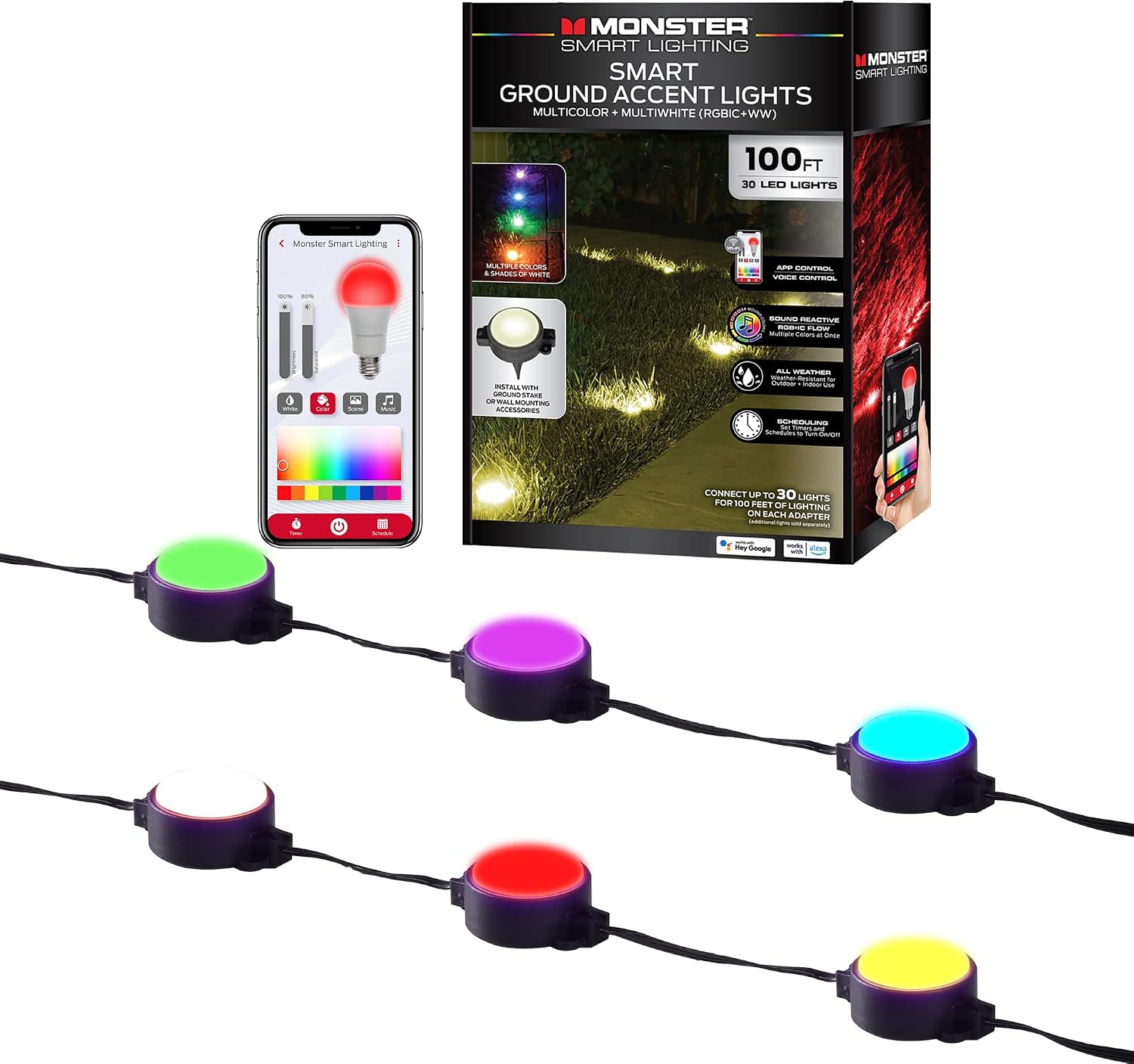 Monster Smart Outdoor Ground Accent RGB+IC+WW LED Lights, 100ft, 30 LEDs, Sound Reactive, Ground Stakes & Wall/Ceiling Mounts, Weather & IP44 Water Resistant, Works with Alexa, Siri, Google Home, App