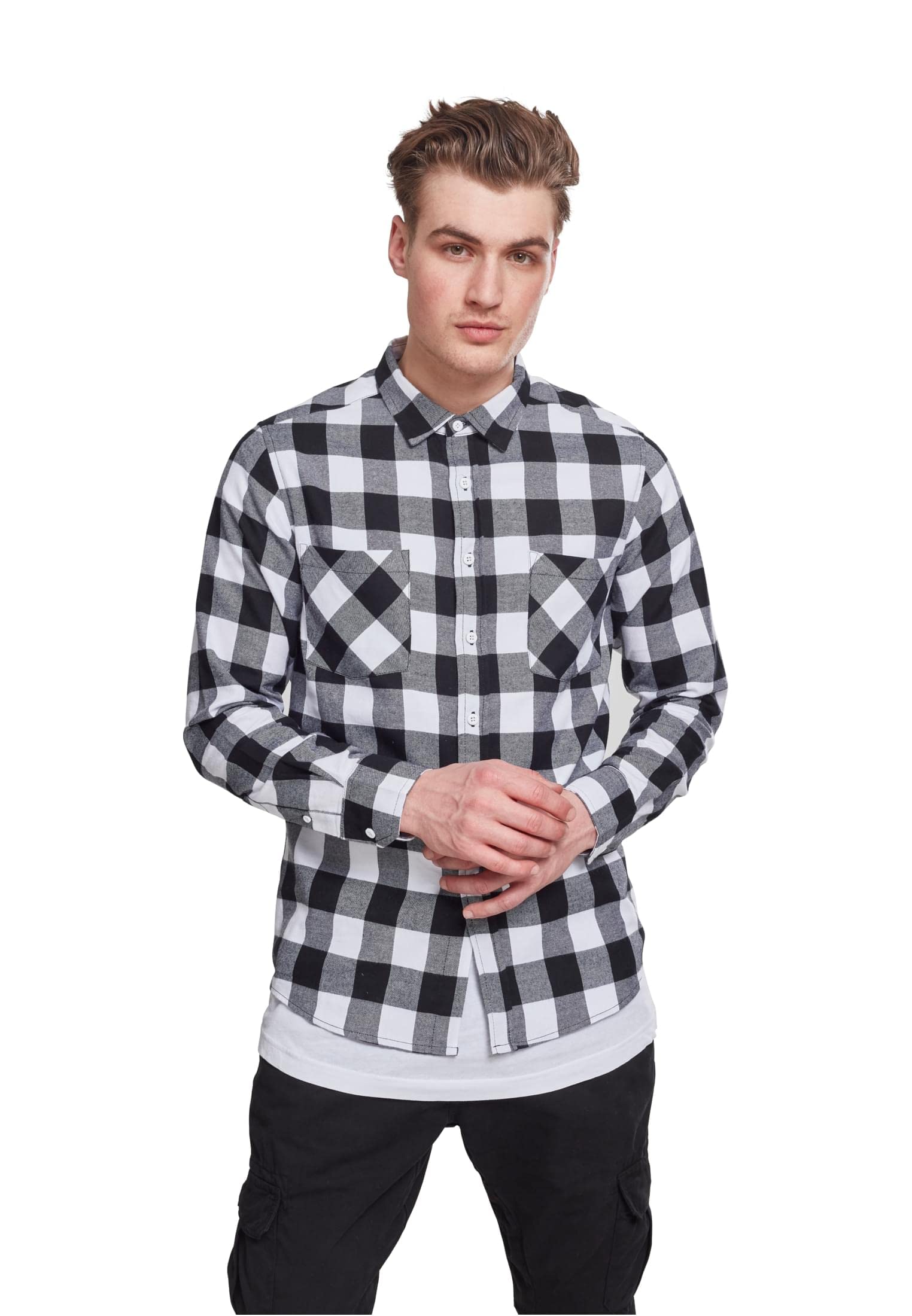 Urban Classics Men's Blk/Wht Checked Flannel Shirt Casual Button-Down Shirt, Longsleeve Dress Shirt With Forearm Buttons, Regular Fit, 100% Flannel Yarn M