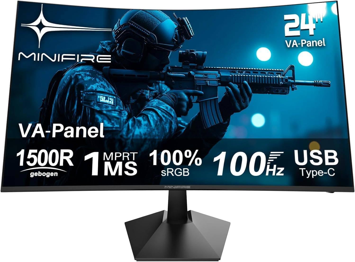 Minifire Monitor Curvo 24 Zoll 100Hz Type-C 2.5W Schermo PC con altoparlante - Pannello VA 1500R FHD (1920 x 1080p), MPRT 1ms, sRGB100%, meno luce blu, HDMI 1.4, supporto VESA 75 * 75 - Nero（MF24C1）