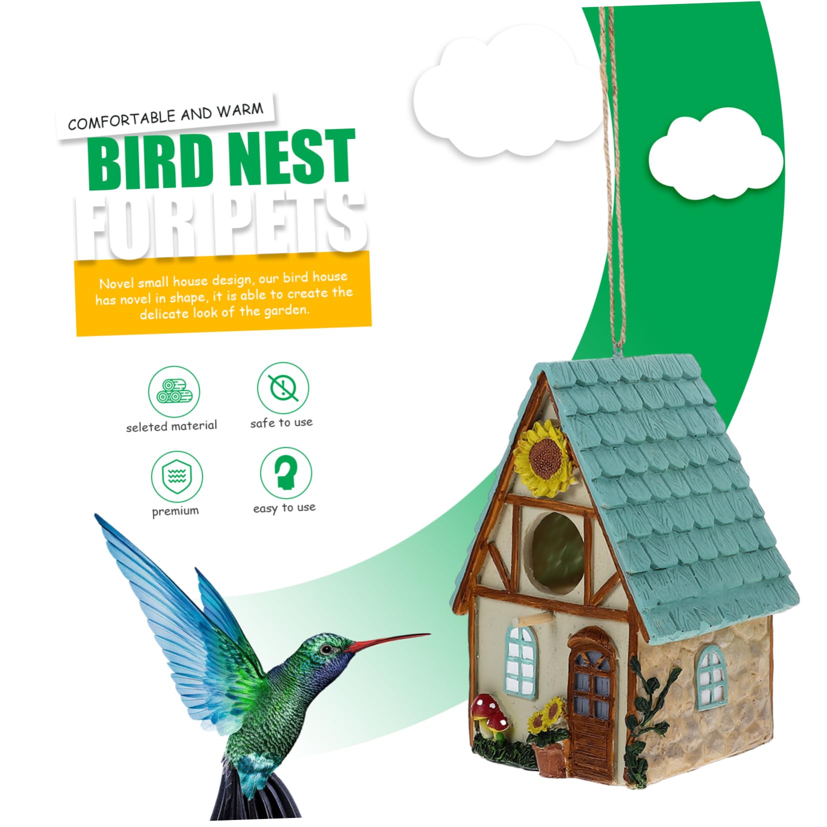 Abaodam Casa Nido Decorativa Colgante de Resina para Cría de Aves | Apta para Alondras y Aves Pequeñas, Uso en Jaula o Exterior, Diseño de Casita Sencilla y Elegante