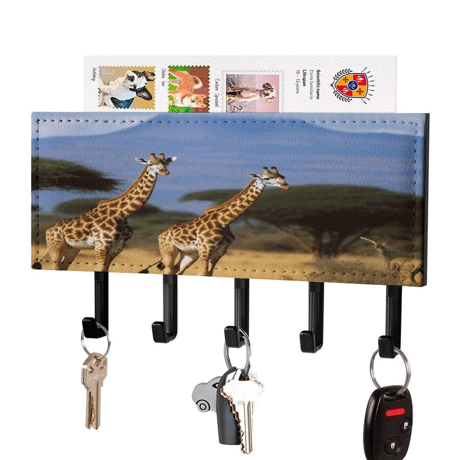 Vstadank Black-Style Africa Wildlife Giraffes Key Holder For Wall Mount With 5 Hooks Decorative Key And Mail Holder Farmhouse Wall Hooks With Shelf Pu Leather Key Rack With Mail Holders For Entryway Home