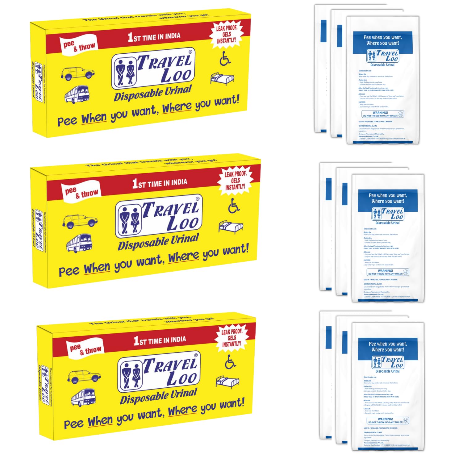 Simon's Travel Loo 3's Pack -Disposable Urine Plastic Bag (9 Bags of 600 ml Each),White-image-45