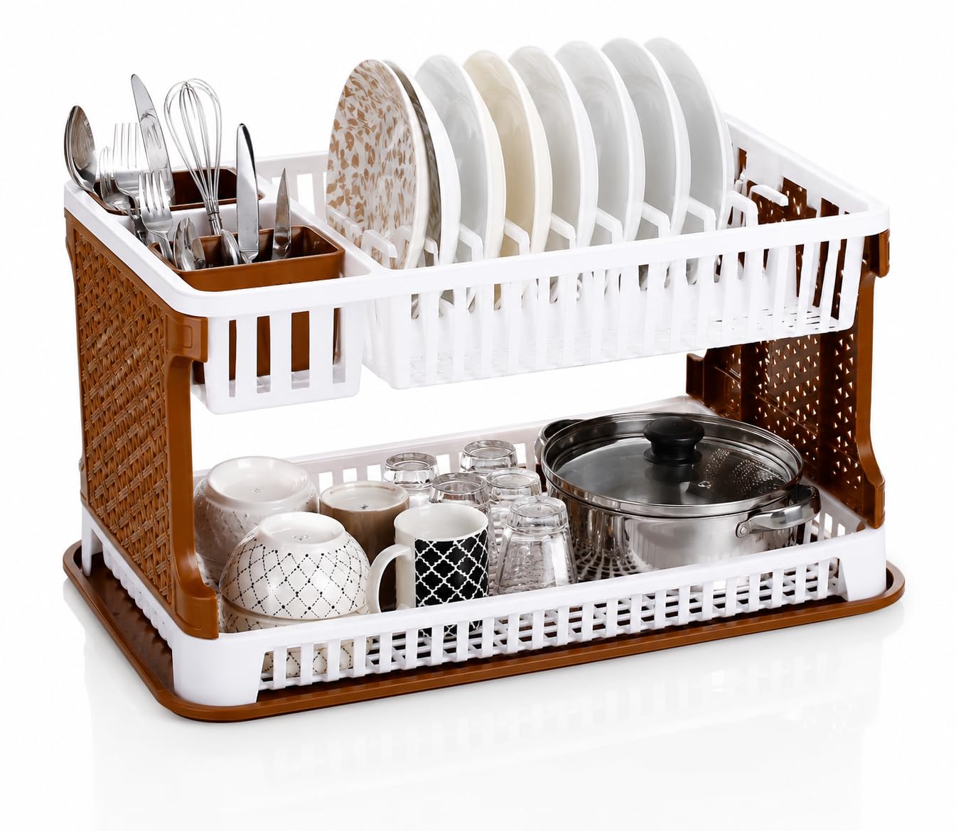 JD FRESH 2 Tier Dish Drying Rack for Kitchen/Plastic Foldable Cutlery Holder for Countertop Rack/Compact Size Utensil Drainer Organizer with Water Tray/Space Saving Plate Stand (Brown)