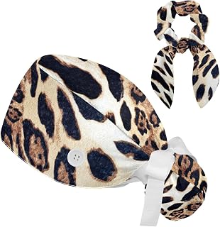 FVQL 2 Pieces Surgical Cap for Long Hair Scrub Cap with Hairband Nurse Cap, Leopard Print Abstract Pattern