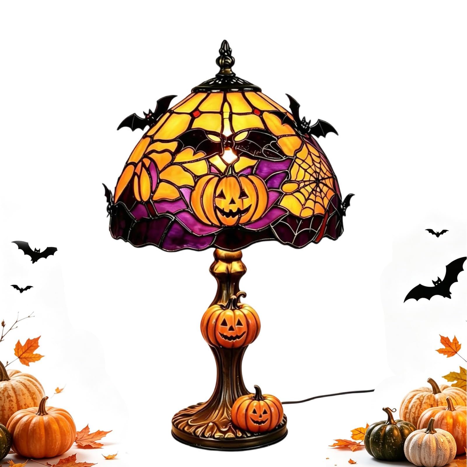 Stained Glass Halloween Pumpkin Table Lamp, Witches Hat Lamp