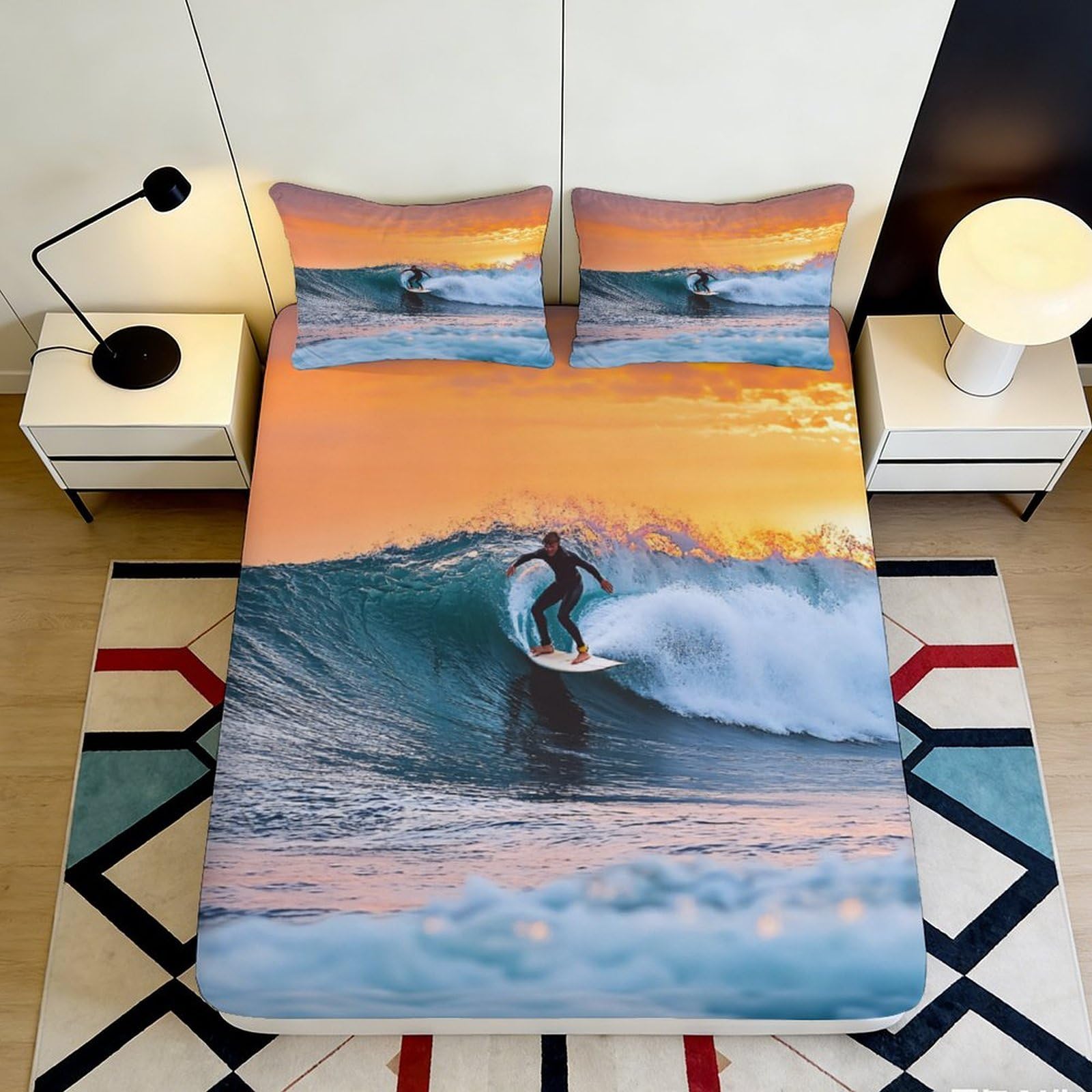 3D Printed Sunset Surfing Fitted Sheet Microfiber Soft Breathable Wave Mattress Cover for Bedroom Dorm Decor 160x200x25cm