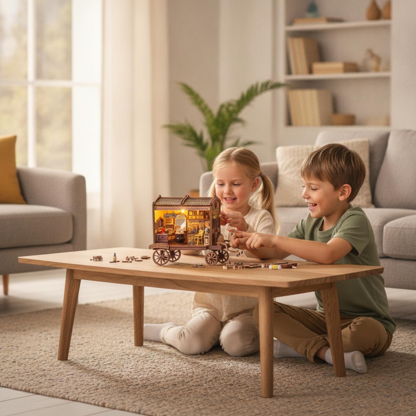 Casa Miniatura in Stile Carrozza con E Interruttore a Sfioramento Kit Fai da Te in Legno E Tessuto LED Integrato Musica Adatta per Mensola Scrivania Decorazione Stanza