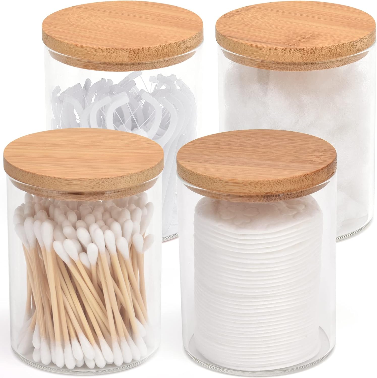 4 Pack Glass Qtip Holder Dispenser Set – Apothecary Jars with Lids for Vanity Makeup Organizer – Bathroom Canister Storage Organizer for Cotton Ball,Swab,Round Pads,Floss 4 Pack Glass Qtip Holder Dispenser Set – Apothecary Jars with Lids for Vanity Makeup Organizer – Bathroom Canister Storage Organizer for Cotton Ball,Swab,Round Pads,Floss