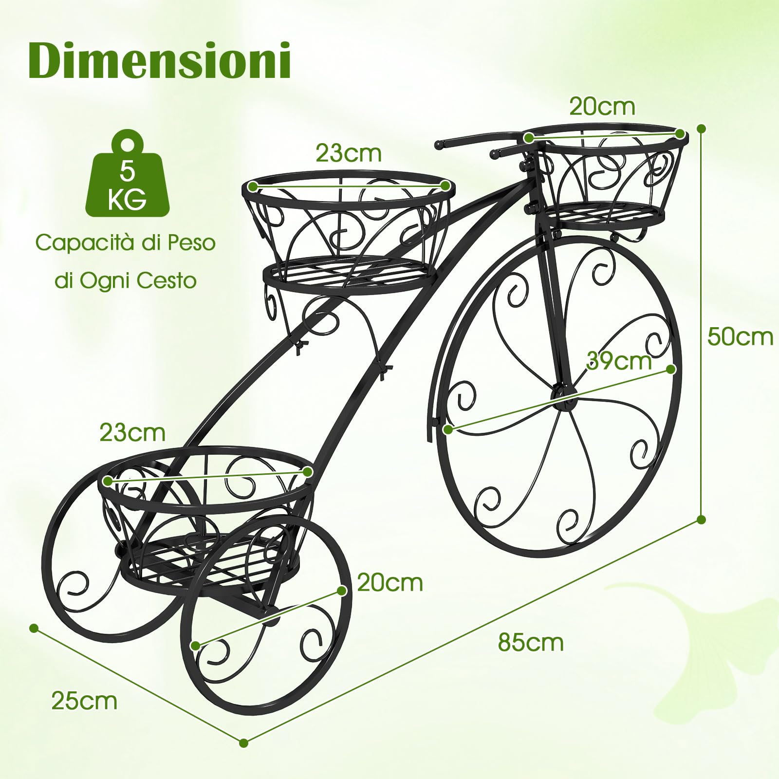 RELAX4LIFE Supporto per Piante a 3 Piani, Carrello per Vasi a Forma di Triciclo, Supporto per Piante con Telaio in Metallo Robusto da Giardino per Interni ed Esterni, 80 x 25 x 52 cm (Nero)