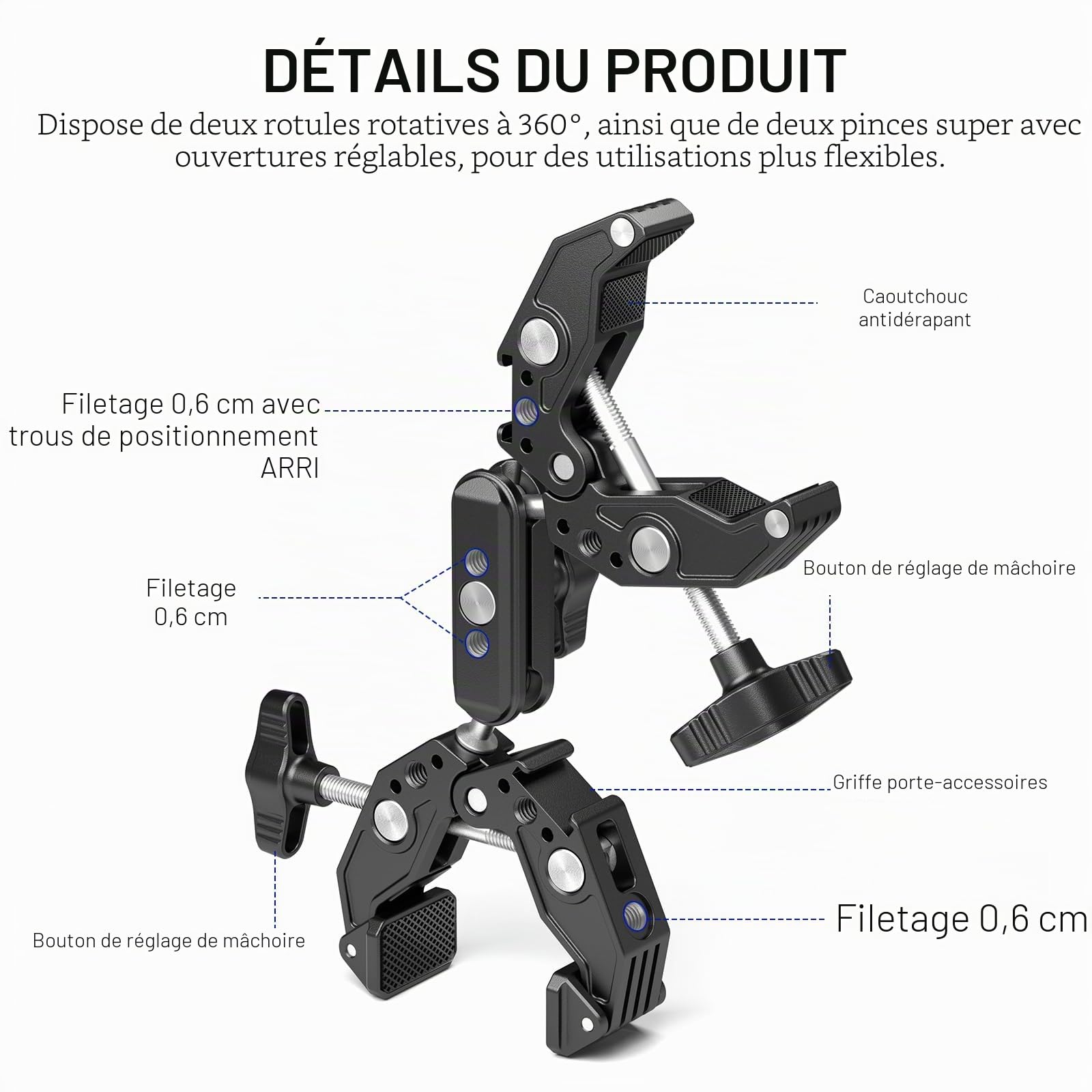 NEEWER Support de caméra à Double Pince avec Bras Magique, Chaussures Froides pour Bureau, Studio, Support de Photographie, réflecteur, Drapeau, Barres transversales, Moto, Parapluie, bâton de Perche