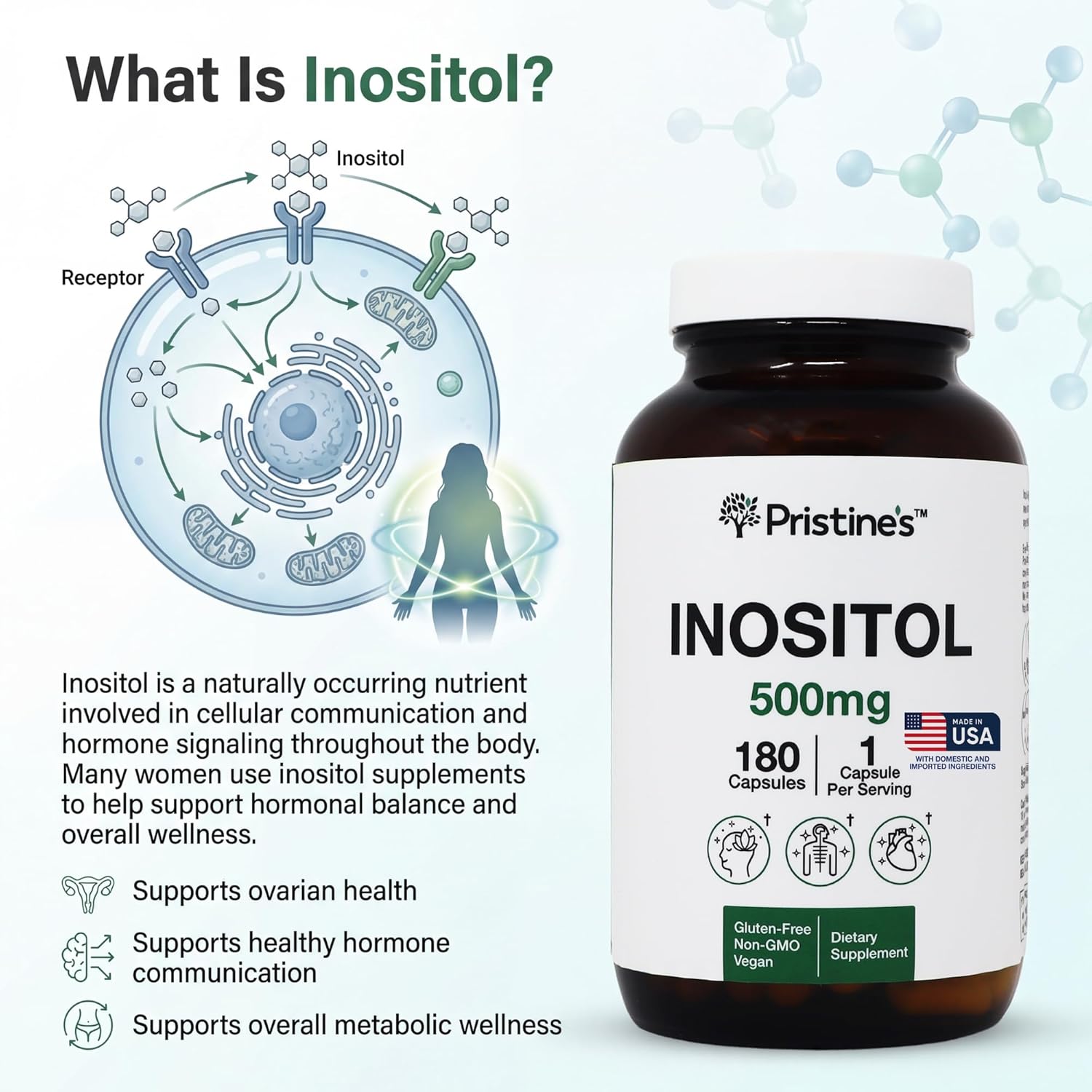 PRISTINE'S Myo Inositol PCOS Supplement Capsules - 500mg 180 Day Supply - Vegan, Gluten Free, Non GMO