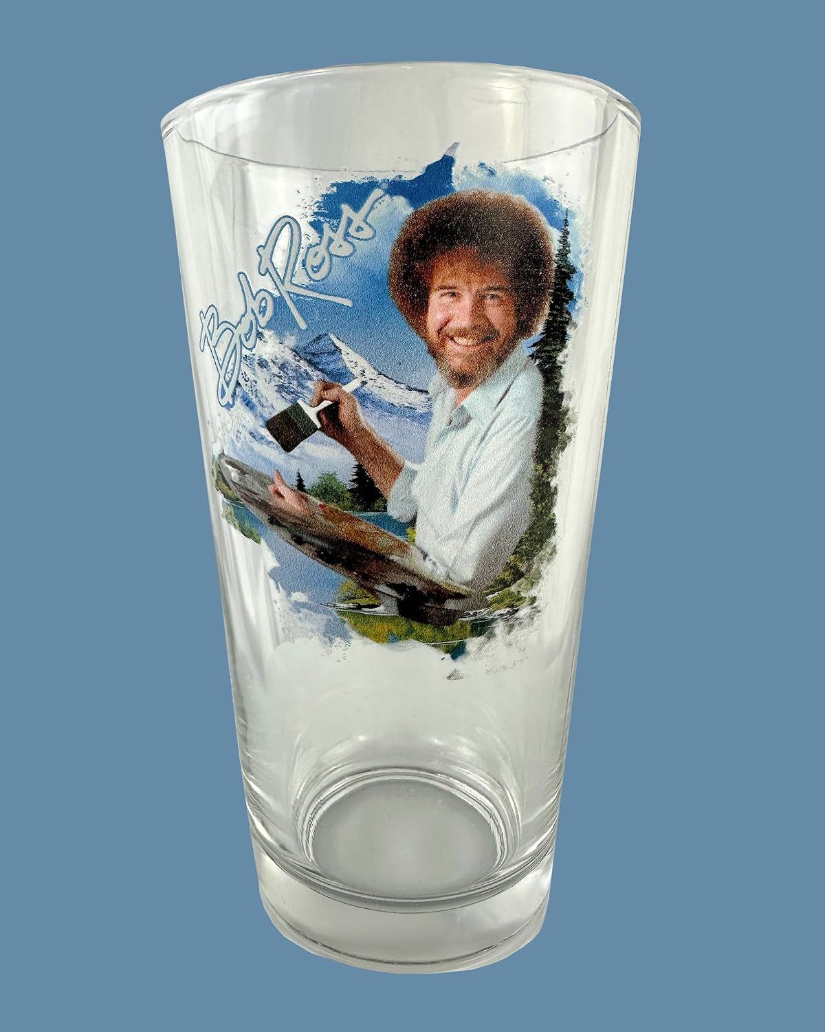 Surreal Entertainment Bob Ross Snowy Mountains Pine Trees and River Painting 16oz Pint Drinking Glass
