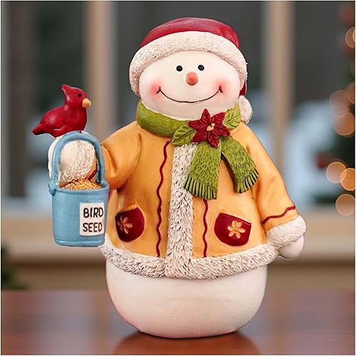 Figurita de muñeco de nieve de Navidad para interiores – Muñeco de nieve de resina con pájaro y cubo de semillas, decoración navideña de mesa de