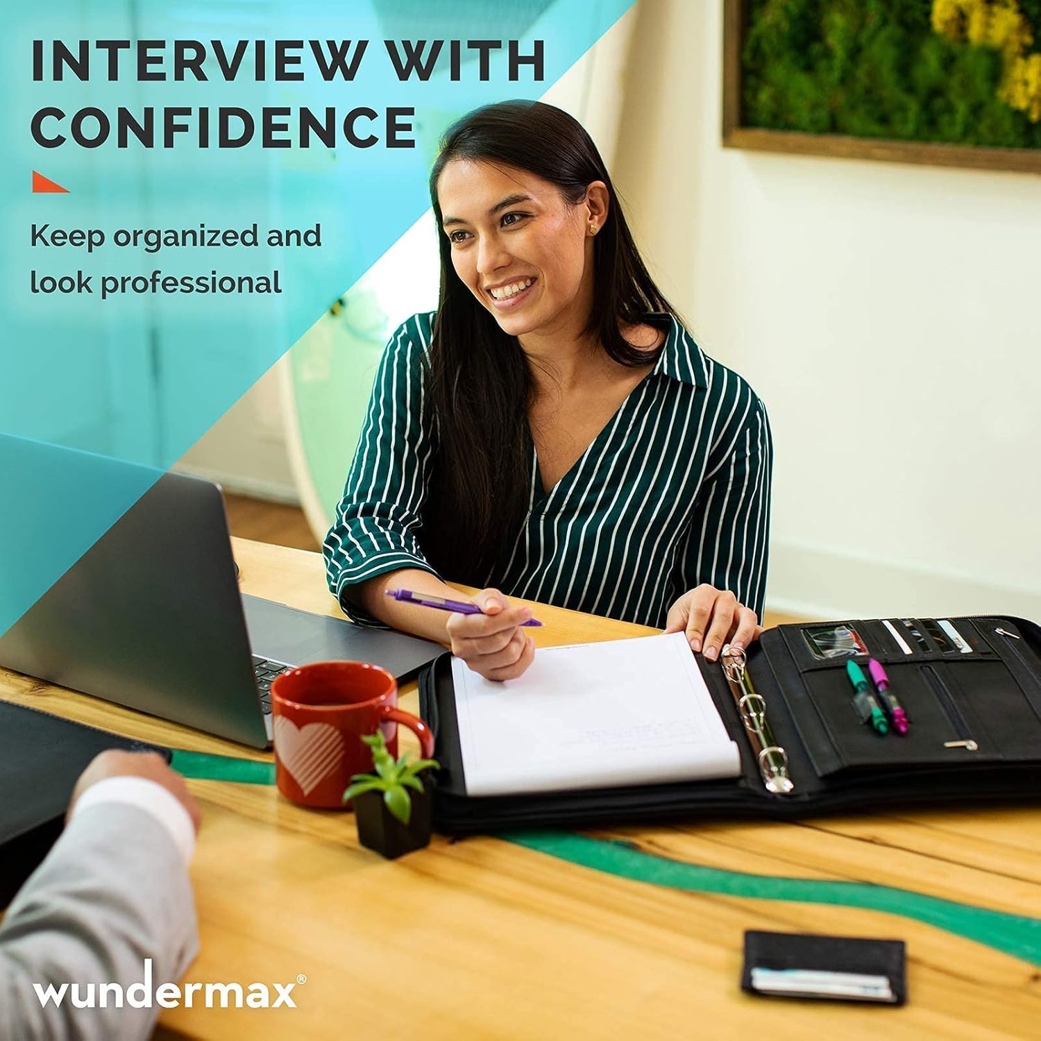 Wundermax Padfolio Portfolio Binder – 3-Ring, Vegan Leather Business Organizer – Zippered Binders for Men & Women – Black : Office Products