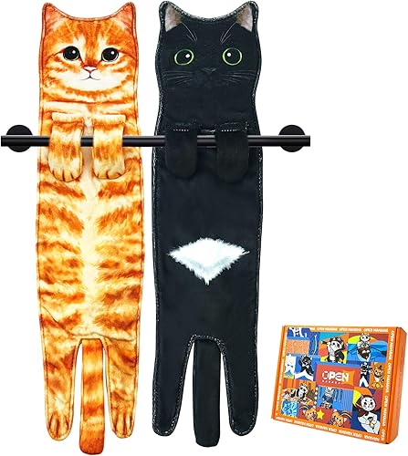 PAT JUUMG Divertidas toallas de mano de gato para decoración de baño, cocina, bonitas toallas decorativas para colgar, súper absorbentes, suaves,