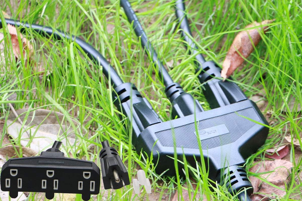 3 Outlet Extension Power Cord 105℃ Temperature Resistant Waterproof Cable 14AWG 15A 3 Prong Heavy Duty Outdoor Extension Cord,10Feet(3.1Meters,Black)