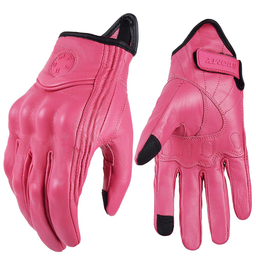 Motorrad Handschuh Lederhandschuhe Motorrad Retro Motorradfahrer Handschuhe Herren Damen Vintage Motocross Handschuhe Schwarz Motorradzubehör Winter (Color : Pink, Size : XS)