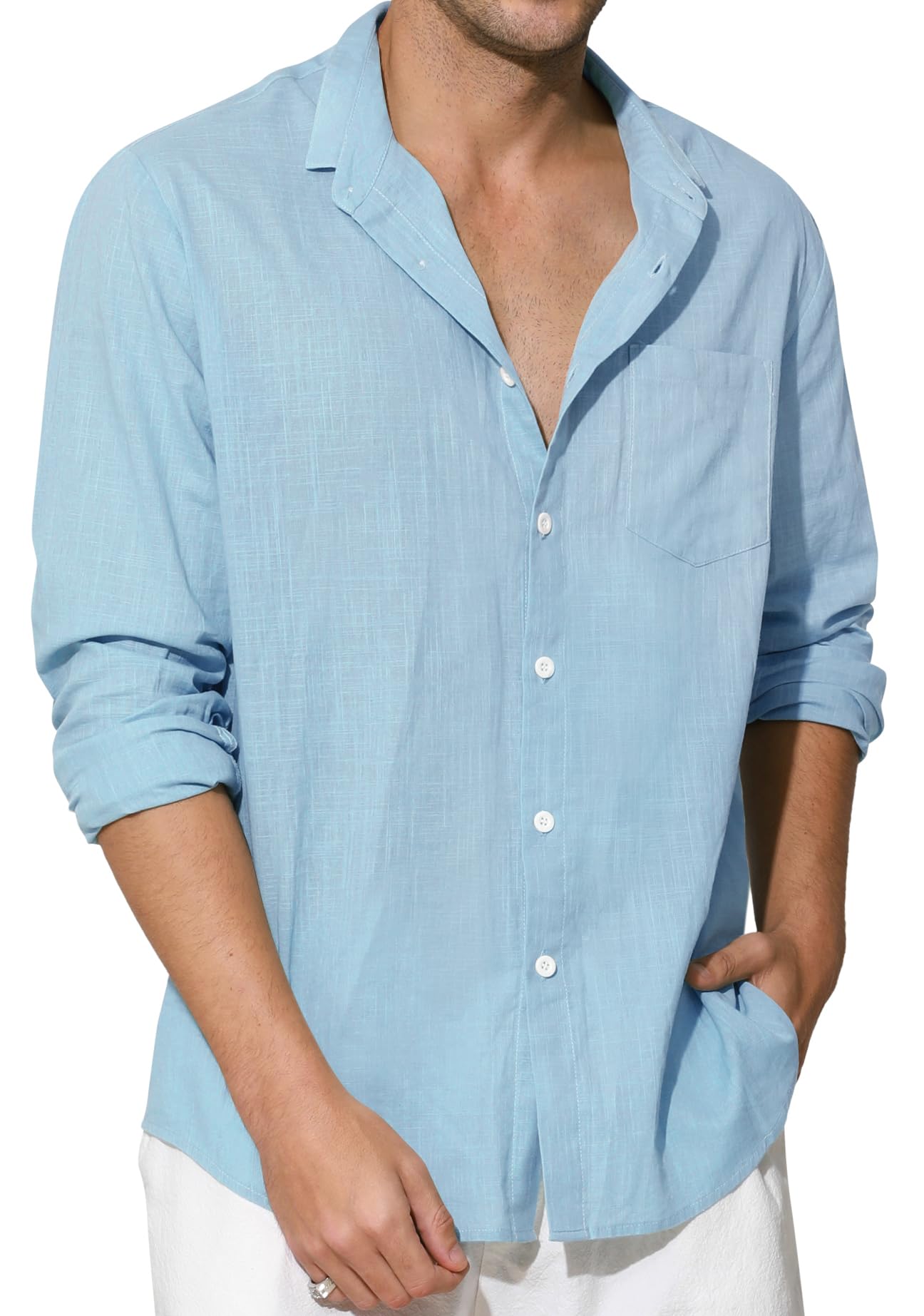 Enlision Hellblaues Leinenhemd Herren Langarm Hemd Blau Herren Baumwolle Leichtes Freizeithemd Sommerhemd Regular Fit Locker Hemden Henley Shirt 4XL