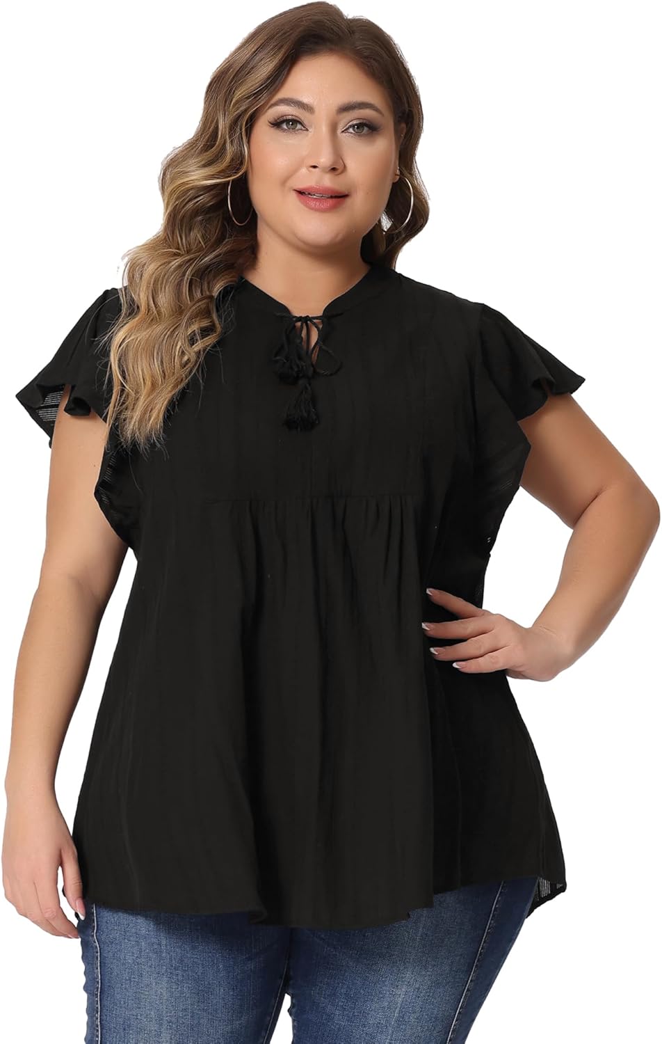 Agnes Orinda Women Plus Size Tops V Neck Drawstring Tassel Self Tie Flutter Short Sleeve Blouses Flowy 2024 Tops
