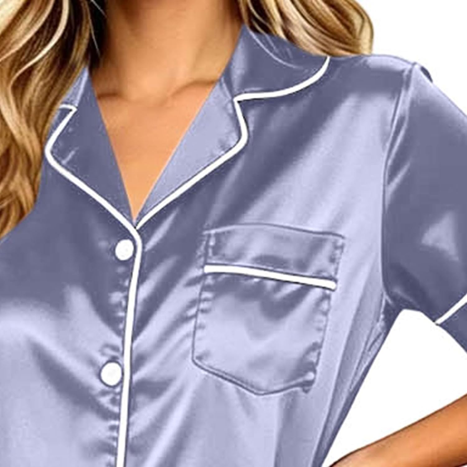 Womens Satin Pajamas Set Short Sleeve Button Down Top Long Pants | Smooth Lightweight Fabric. Contrast Piping. Classic Notch Collar. Chest Pocket Design. Relaxed Nightwear