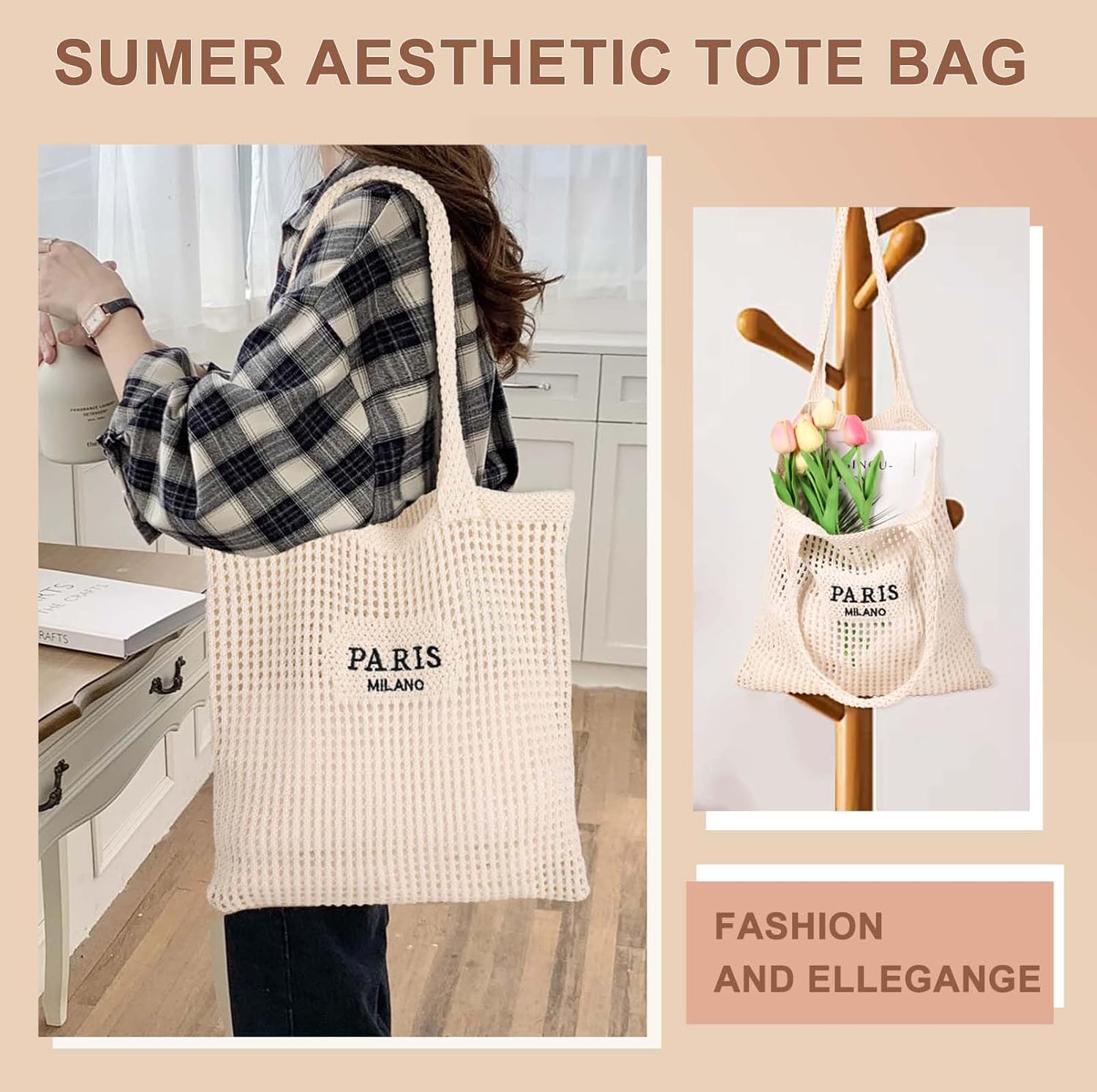 Sightor Crochet Tote Bag, Mesh Beach Bag Knit Summer Hobo Bag Vacation Boho Tote Bag for Women - Image 7