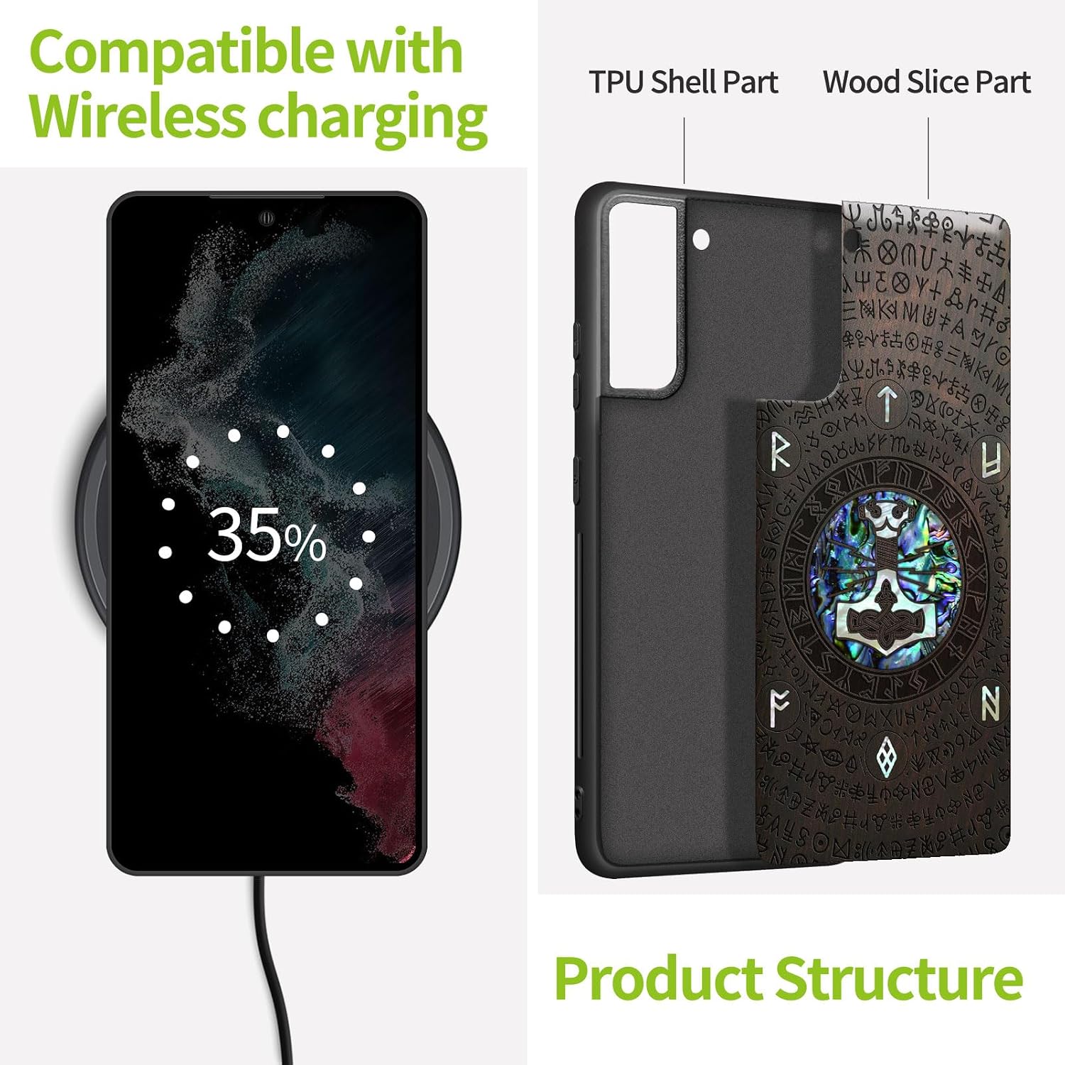 Carveit Designer Wooden Cover for Samsung Galaxy S22 Case [Wood Engraving & Shell Inlay] Compatible with Wireless Chargers Galaxy S22 (Thors Hammer-Blackwood)