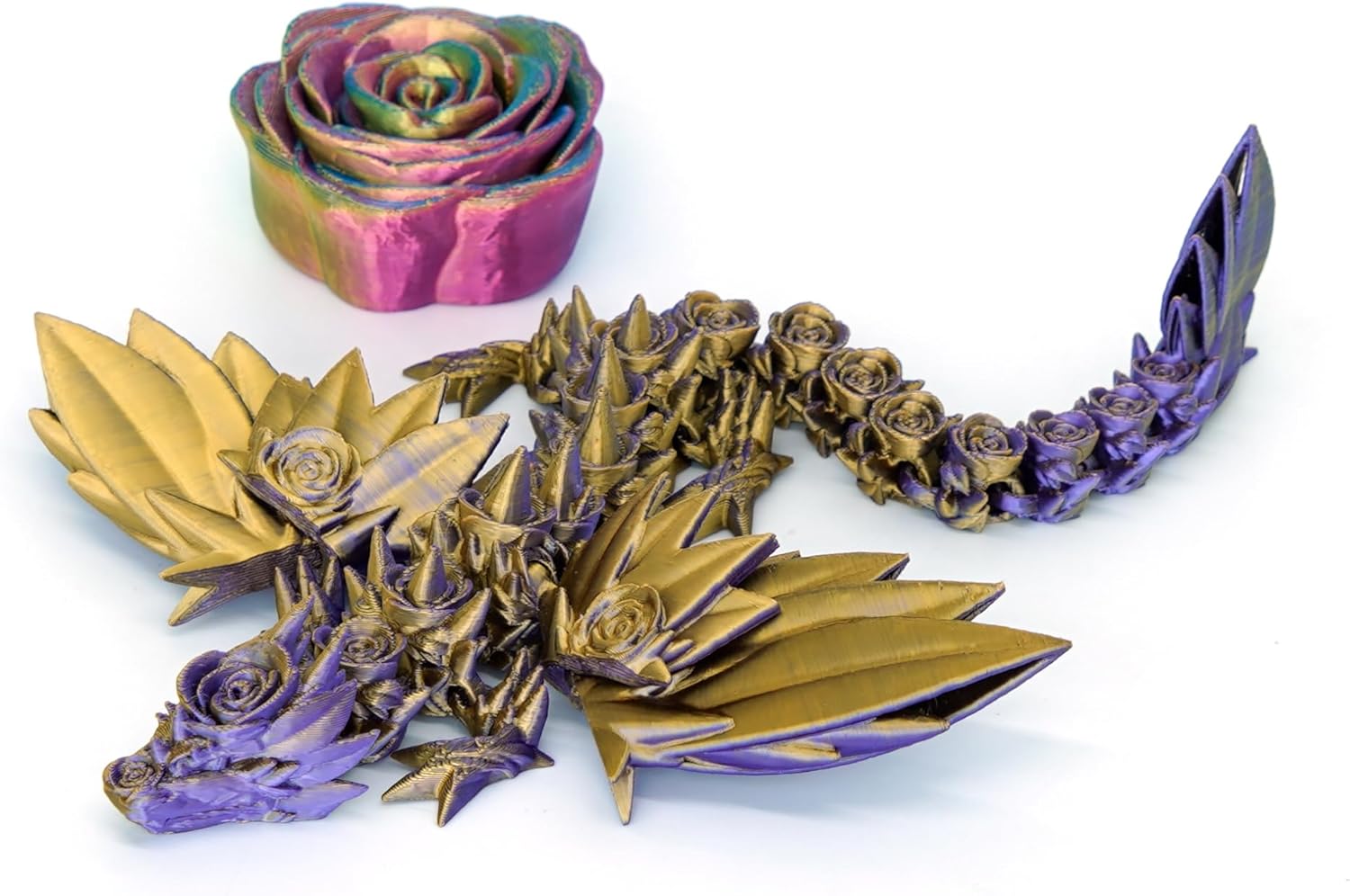 3D Printed Rose Dragon with Wings，Spinning Top Rose | 10.63 Inch Articulated Dragon & 6cm Flower Fidget Spinner | Collectible Desktop Decor, Gift for Adults, Silk Purple Gold