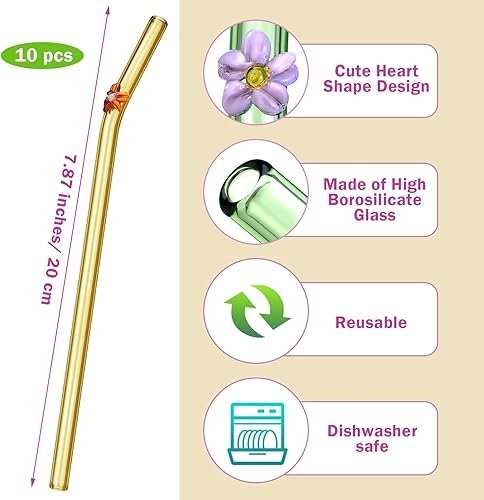 Miniatura 2 de Roshtia 12 pajitas de vidrio con diseño de flores, reutilizables, lindas pajitas de cristal con 2 cepillos de limpieza para verano, playa, piscina,