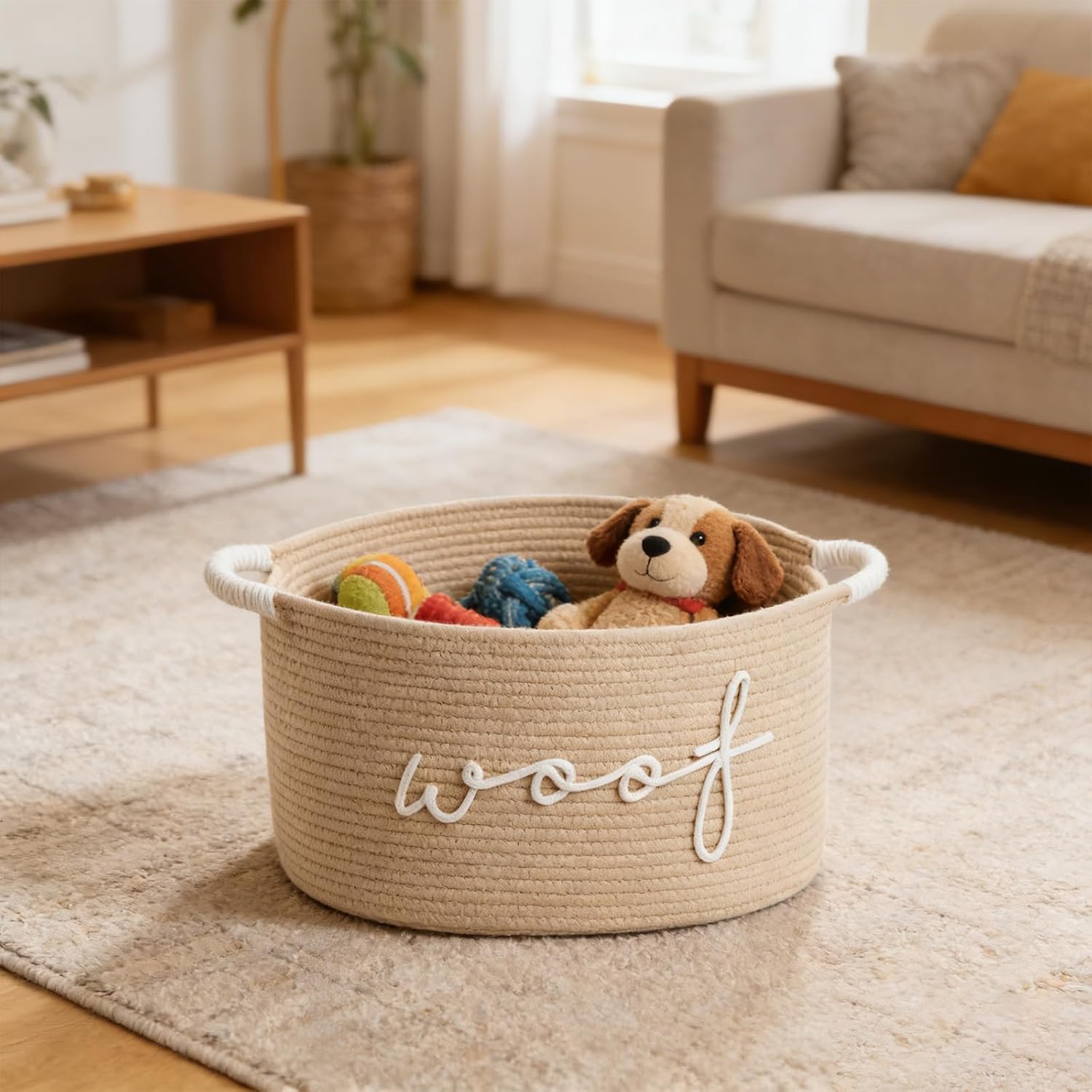 ordinarYone Hand Woven Cotton Rope Dog Toy Storage Basket Featuring Animal Patterns And Strong Handles For Pets