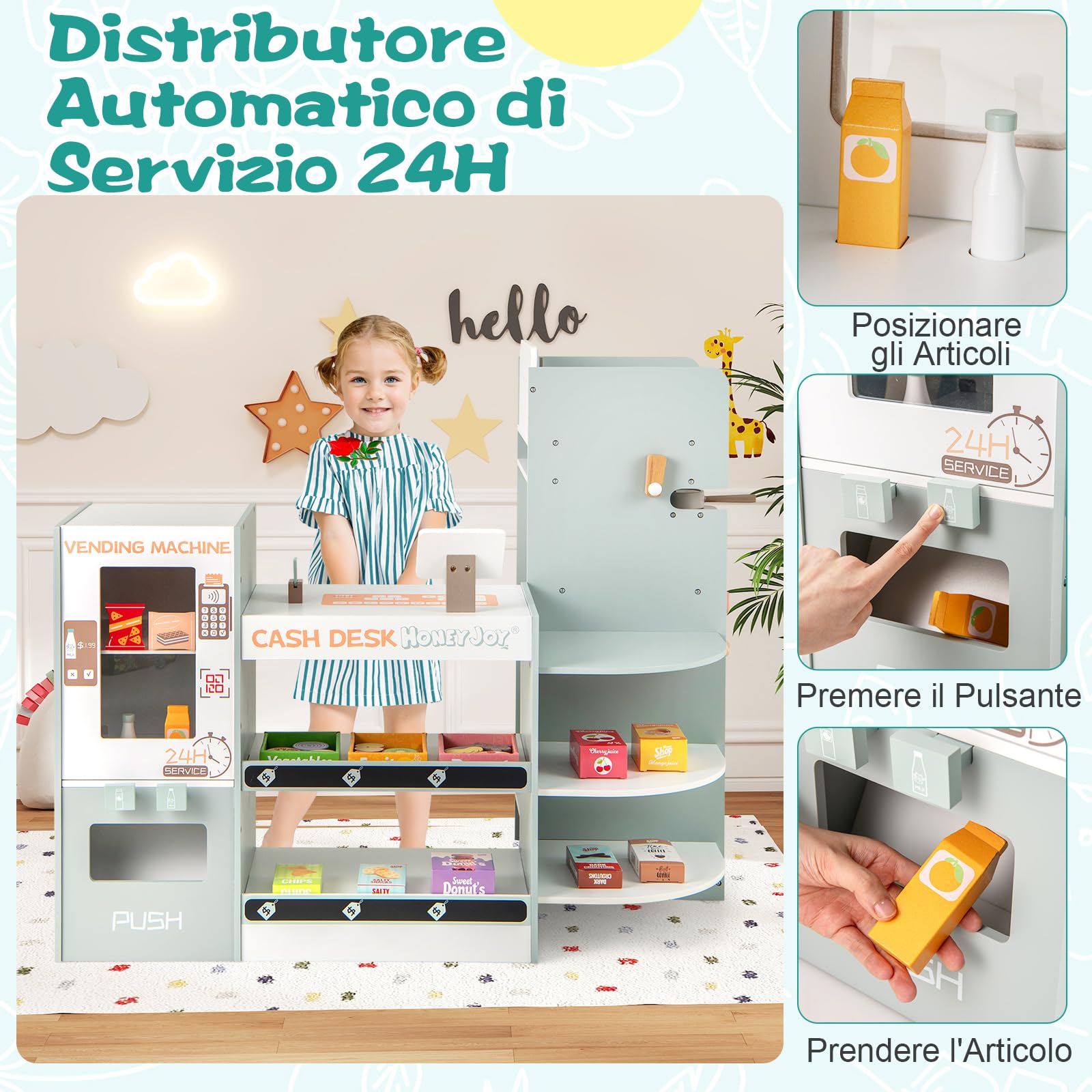COSTWAY Mercato Giocattolo per Bambini con Cassa, Negozio Giocattolo in Legno con Macchina Caffè e Distributore Automatico, Banco Mercato Giocattolo con Scaffali e 30 Accessori, per Bambini 3+ Anni