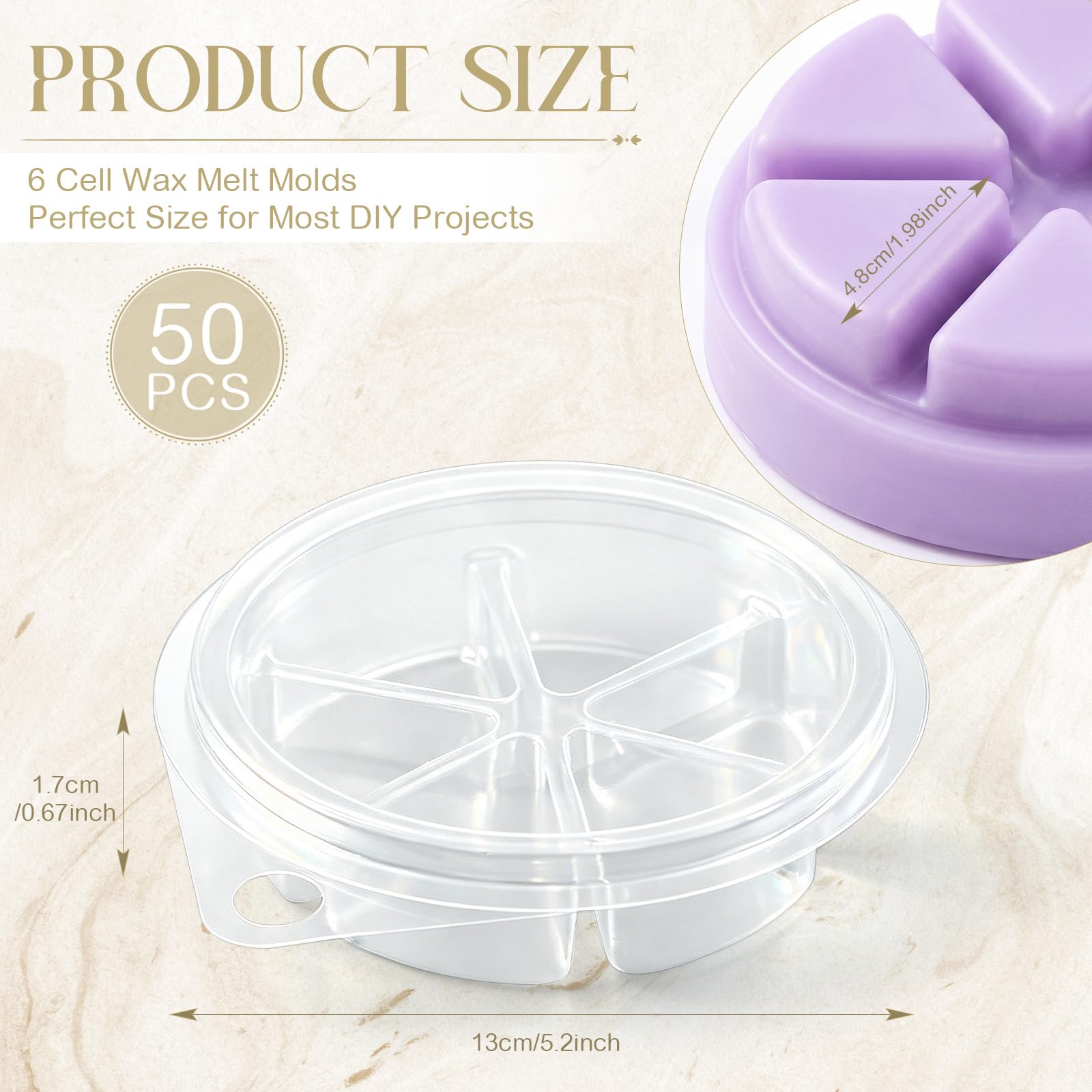 Leinuosen Lot de 50 coquilles en plastique PET à 6 cavités faciles à utiliser pour la fabrication de bougies sans mèche Emballage DIY Capacité 141,7 g