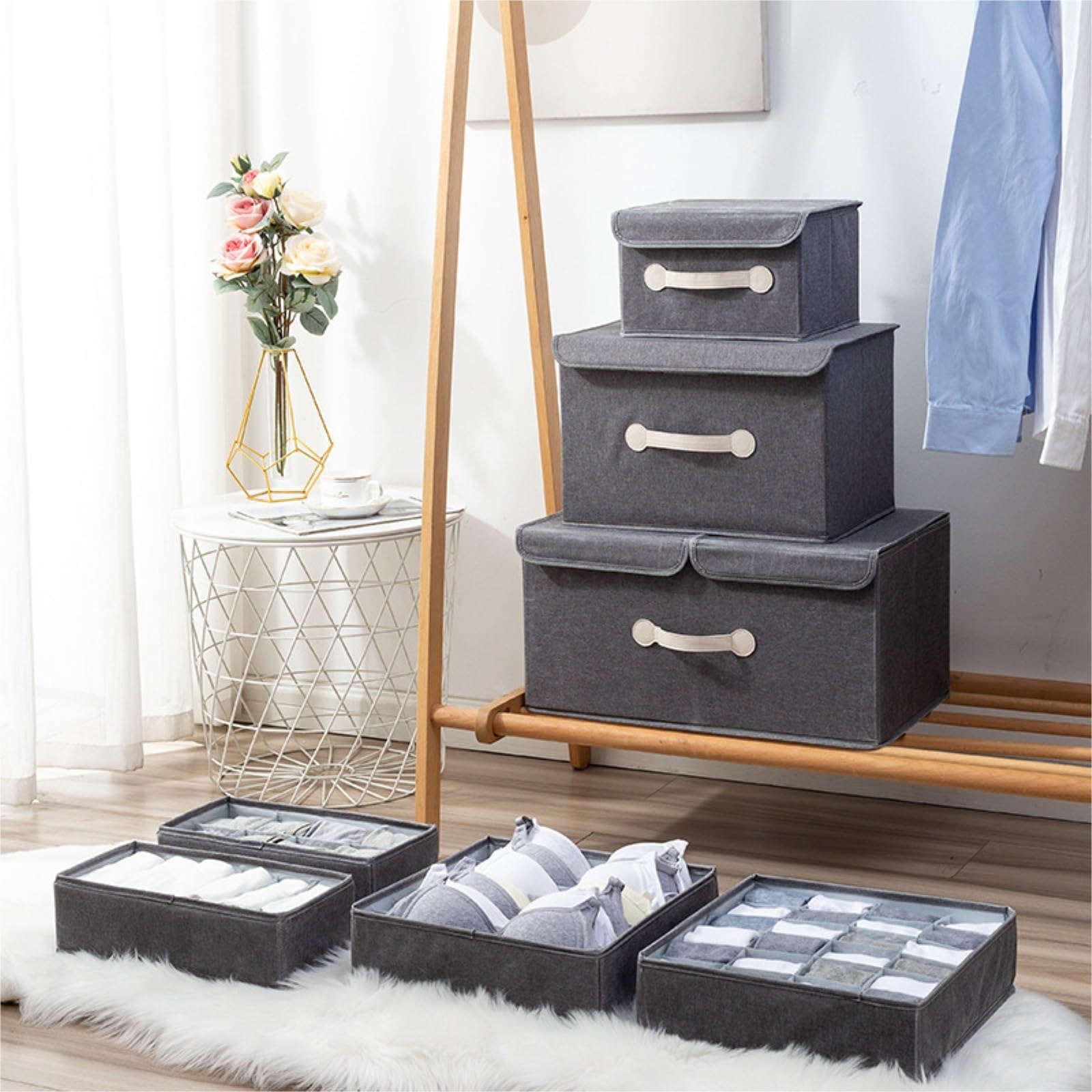 Schubladen-Organizer, Stoff, faltbare Aufbewahrungsbox mit Deckel, Schublade, Aufbewahrungsbox, Kleiderschrank, Aufbewahrung, stapelbarer Organizer für Socken, BHs und Unterwäsche