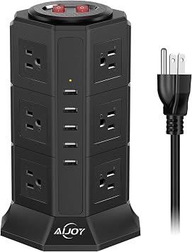 سلك تمديد برج Power Strip 10 FT ، محطة شحن واقي Surge 1050J مع 12 منفذ AC 5 منافذ USB لاستخدام المكاتب المنزلية - أسود