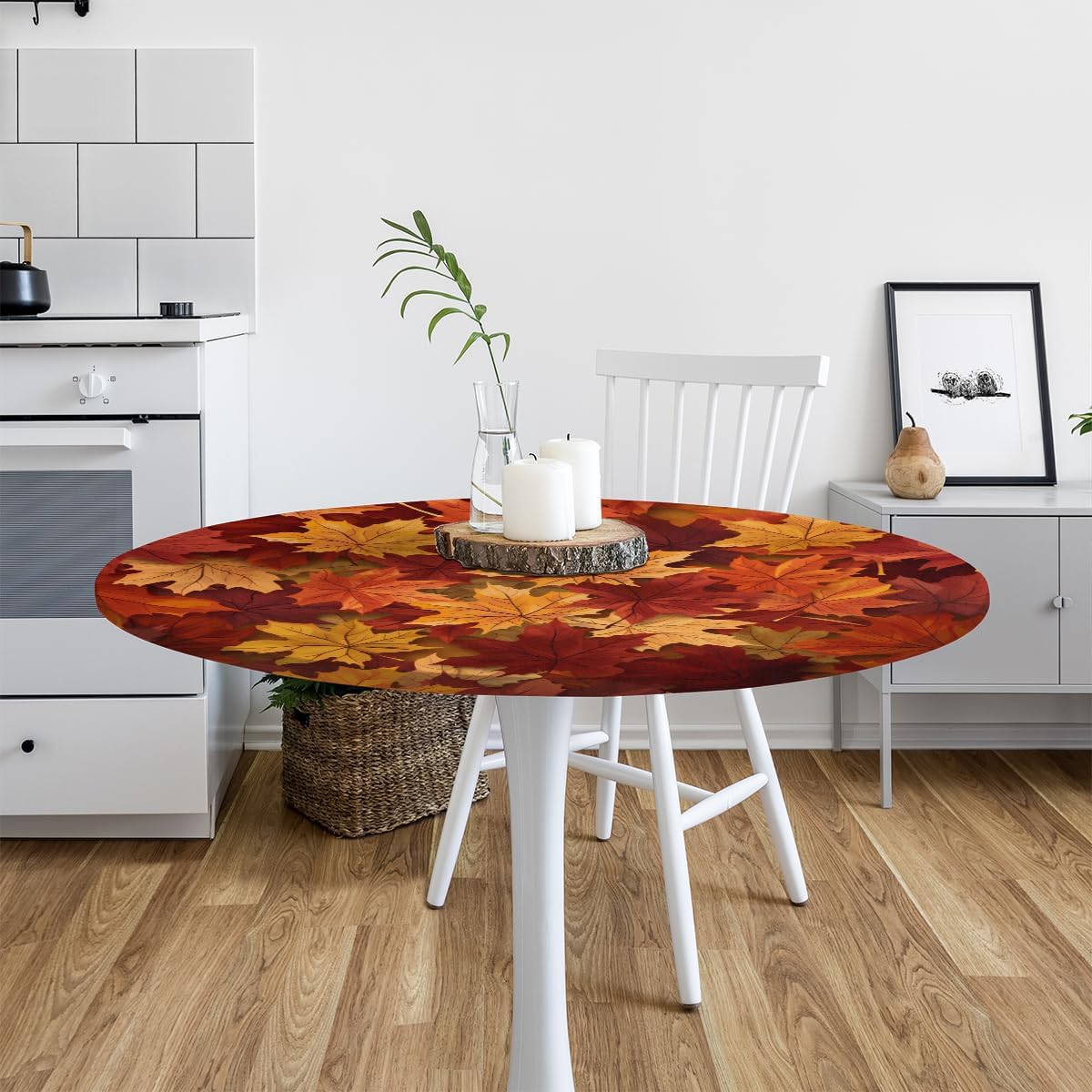 Round Tablecloth Fall Maple Leaves Autumn Pattern Fitted Table Cloth with Elastic Edge Waterproof Spill Proof Elastic Table Cover for Kitchen Party Decor, Fit 36-42In Round Tables