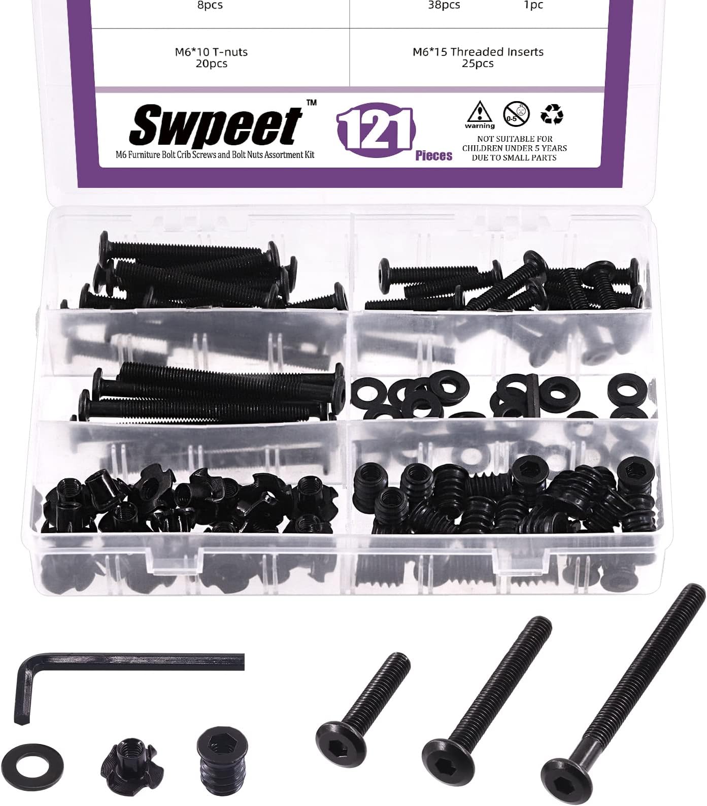 123Pcs M6 Carbon Steel Black Hex Drive Socket Cap Bolts and Threaded Inserts Nuts with T Nut 4 Pronged Tee Blind Nuts and Flat Washers Kit, 1Pcs Wrench Bolts Fully Threaded Hex Socket Screws