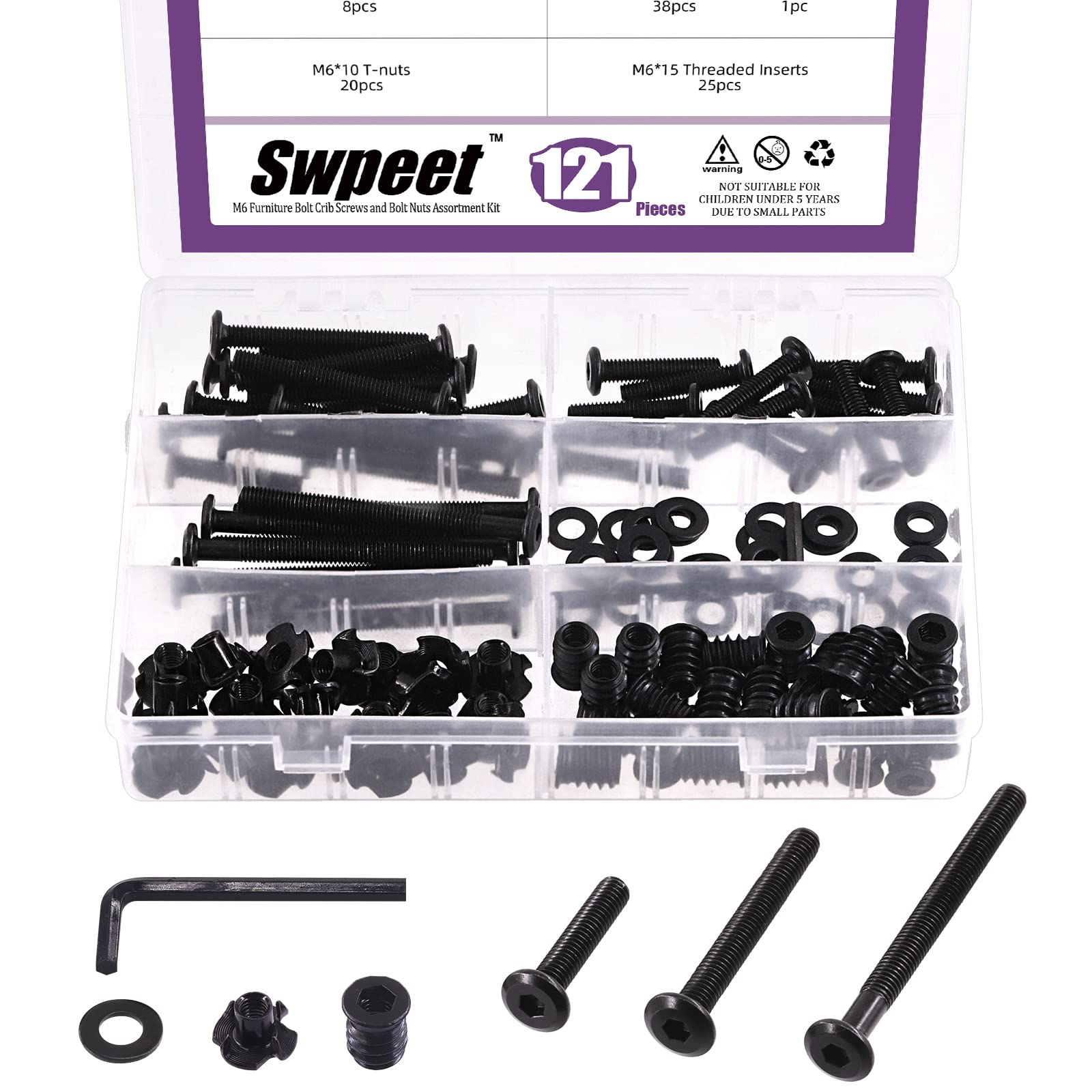 Swpeet 123Pcs M6 Carbon Steel Black Hex Drive Socket Cap Bolts and Threaded Inserts Nuts with T Nut 4 Pronged Tee Blind Nuts and Flat Washers Kit, 1Pcs Wrench Bolts Fully Threaded Hex Socket Screws