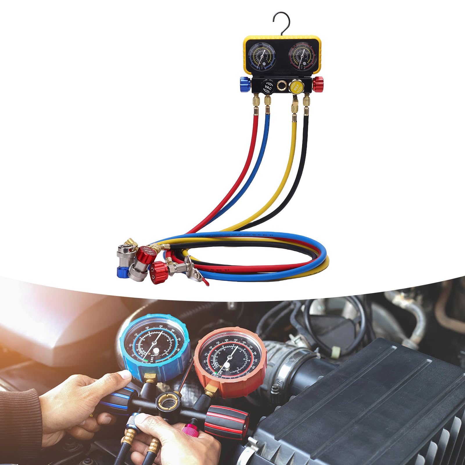 Set di Collettori HVAC a 4 Vie, Letture Accurate per Refrigeranti R32 R32 R134A R22, con Valvole R410A Meter e di Sicurezza per Uso Professionale e Domestico