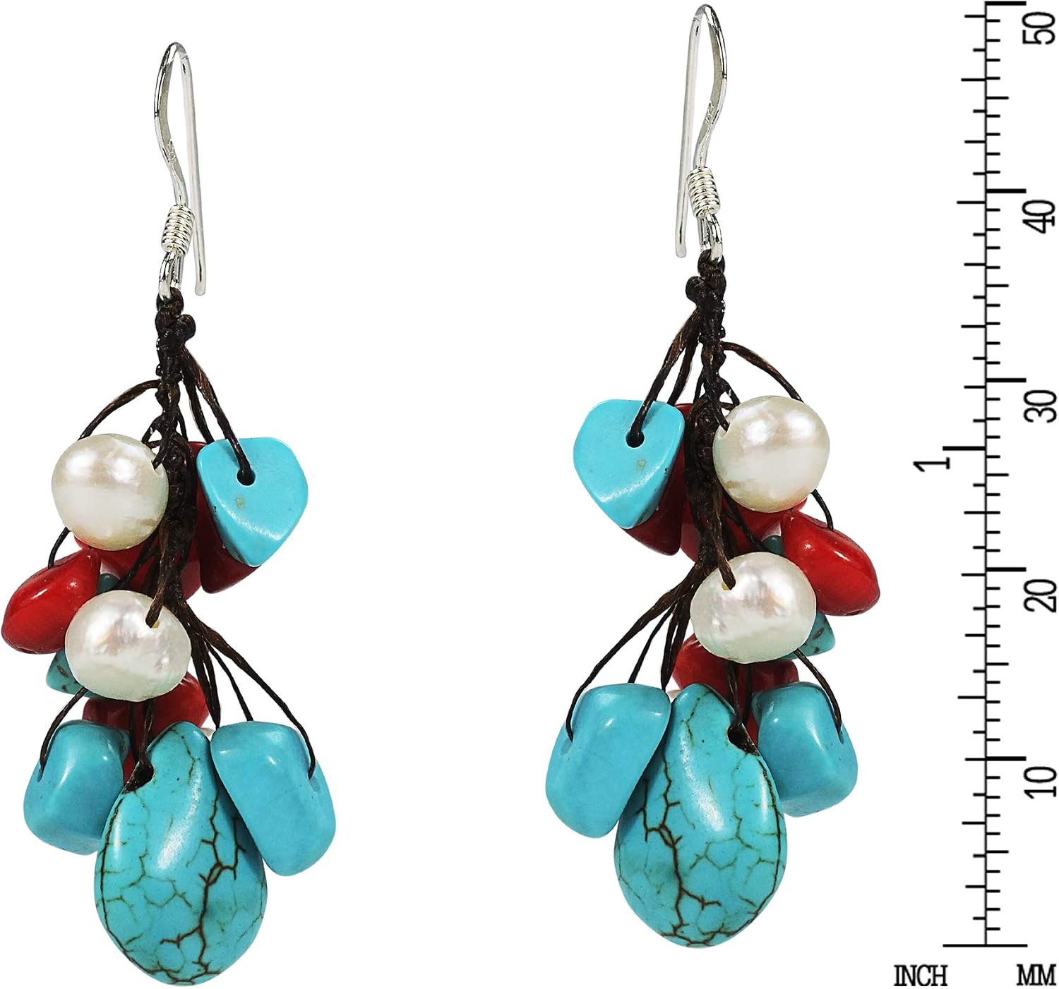 AeraVida Unique Cluster of Simulated Blue Turquoise Stones, Cutured Freshwater White Pearls, and Reconstructed Red Coral set on Sterling Silver Fishhook Dangle Earrings