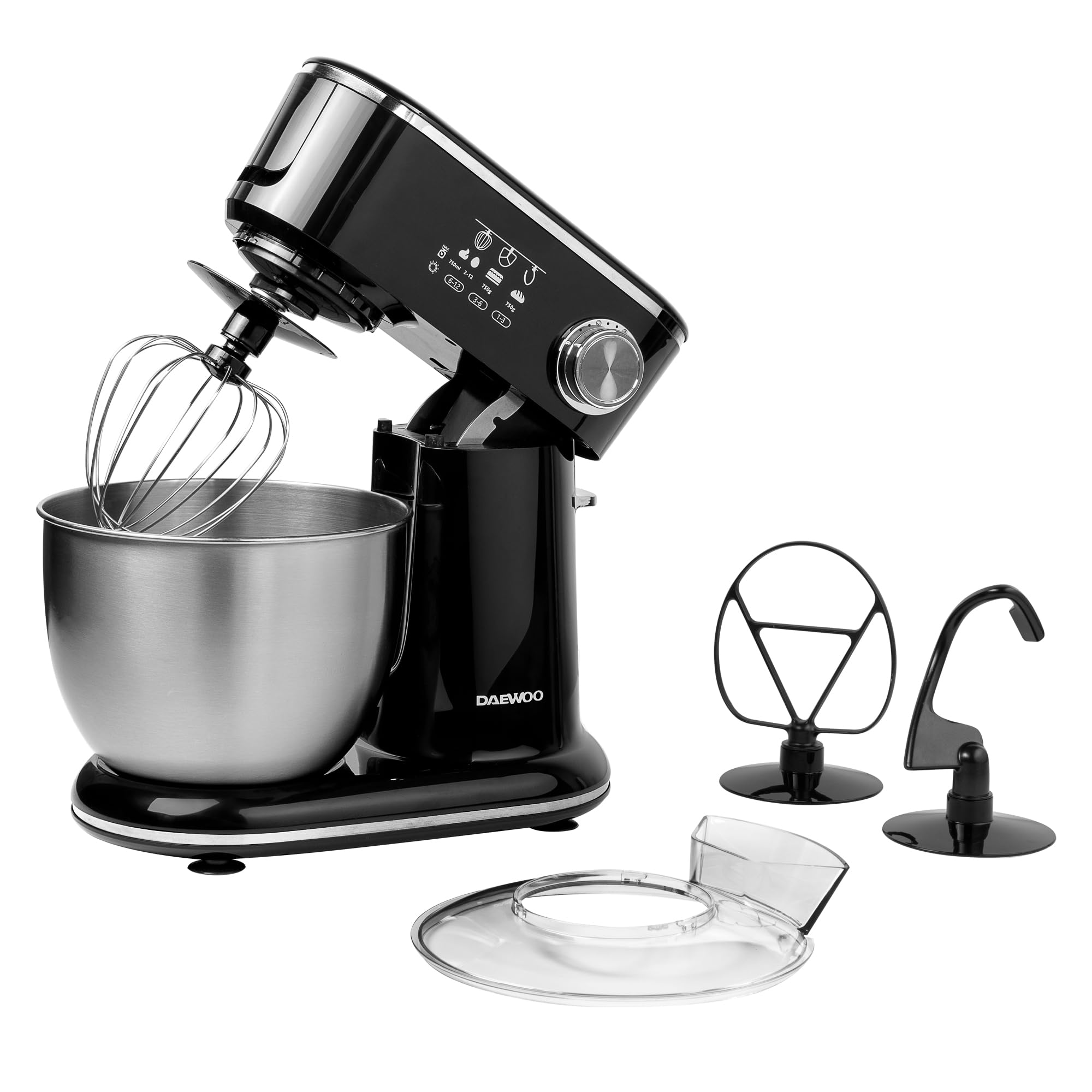 Daewoo 5L 1000W Stand Mixer - Black - Includes Whisk, Dough Hook, Flat Beater & Splashguard
