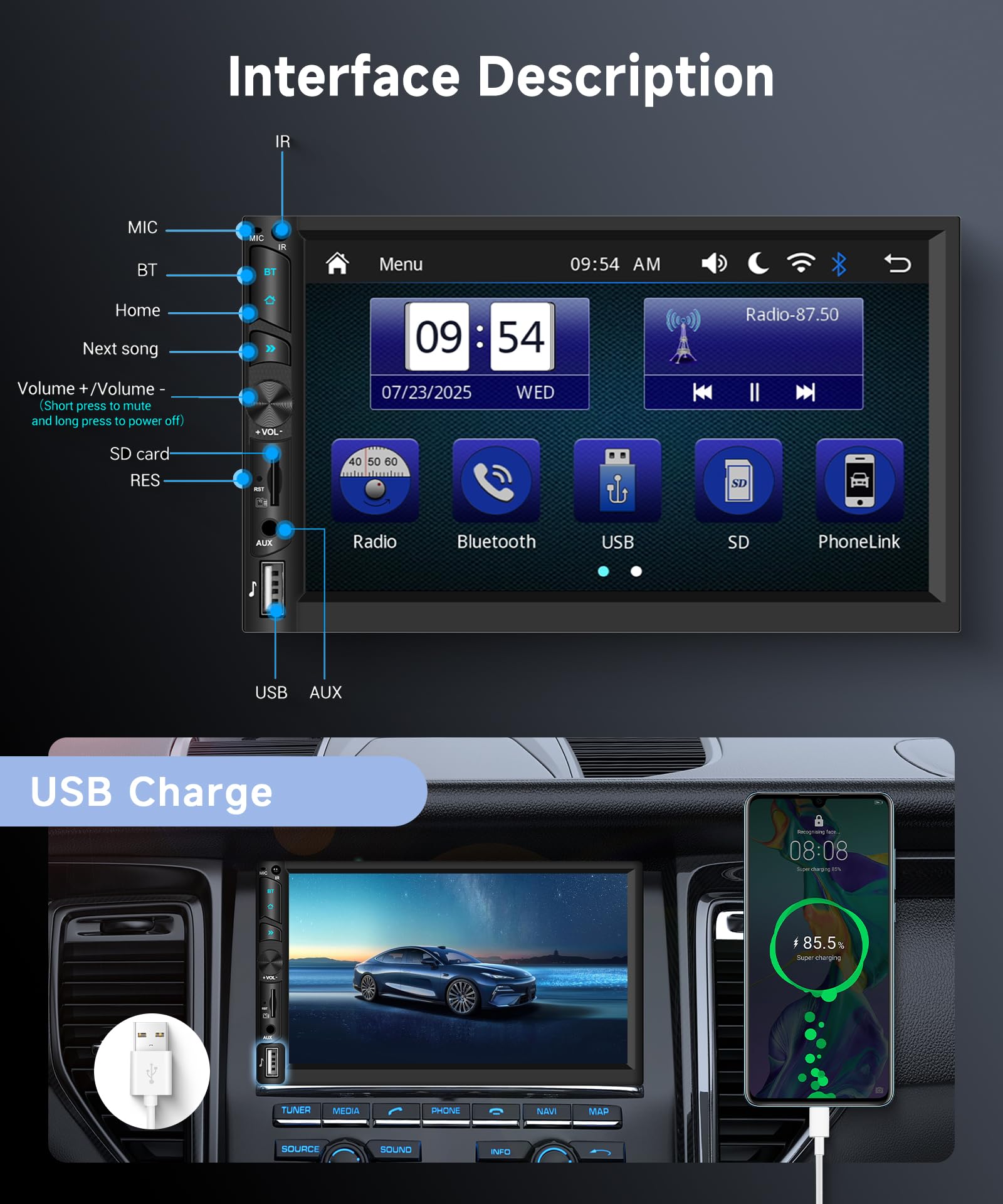 VECHTEL Autoradio 2 Din avec Carplay Android Auto sans Fil, 7 Pouces IPS HD Écran Tactile Poste Radio Voiture Soutien Bluetooth Radio FM EQ USB/TF/AUX Mirror Link SWC MIC Caméra de Recul Télécommande